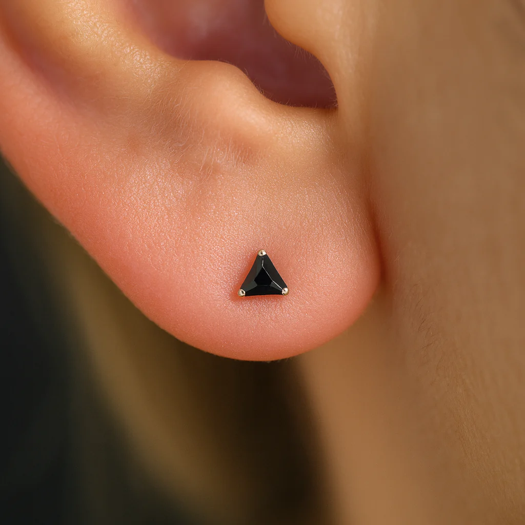 Yellow Gold Trillion Cut Black Onyx Flat Back Earring - Image 2