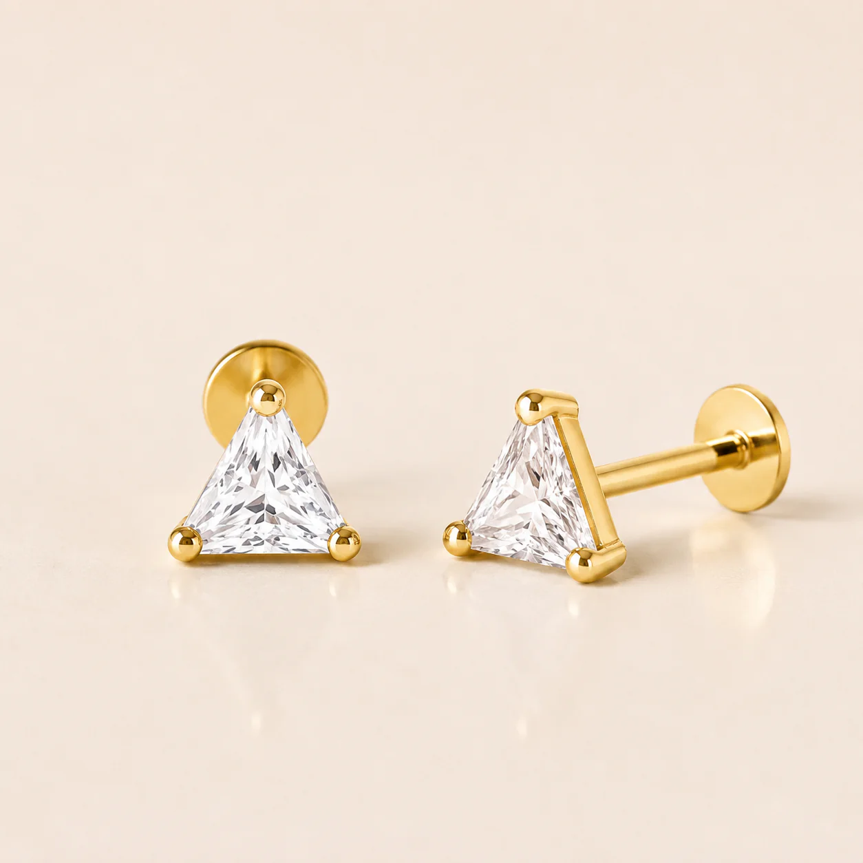 Yellow Gold Triangle Gemstone Flat Back Stud Earring - Image 2