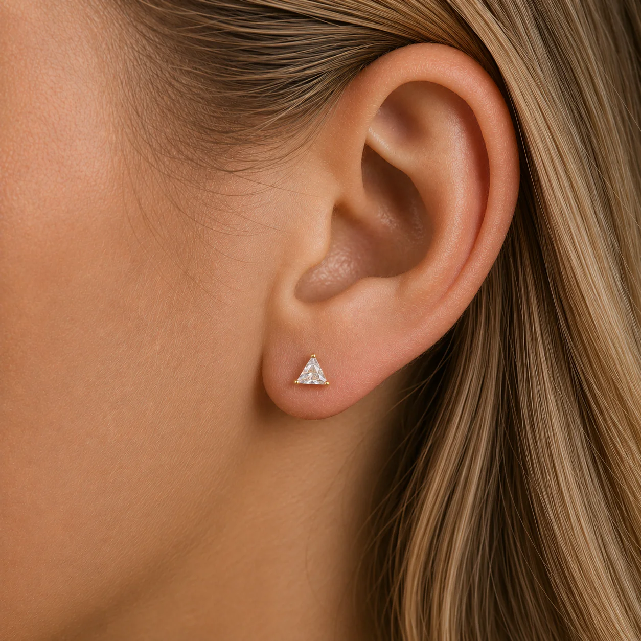 Yellow Gold Triangle Gemstone Flat Back Stud Earring - Image 3