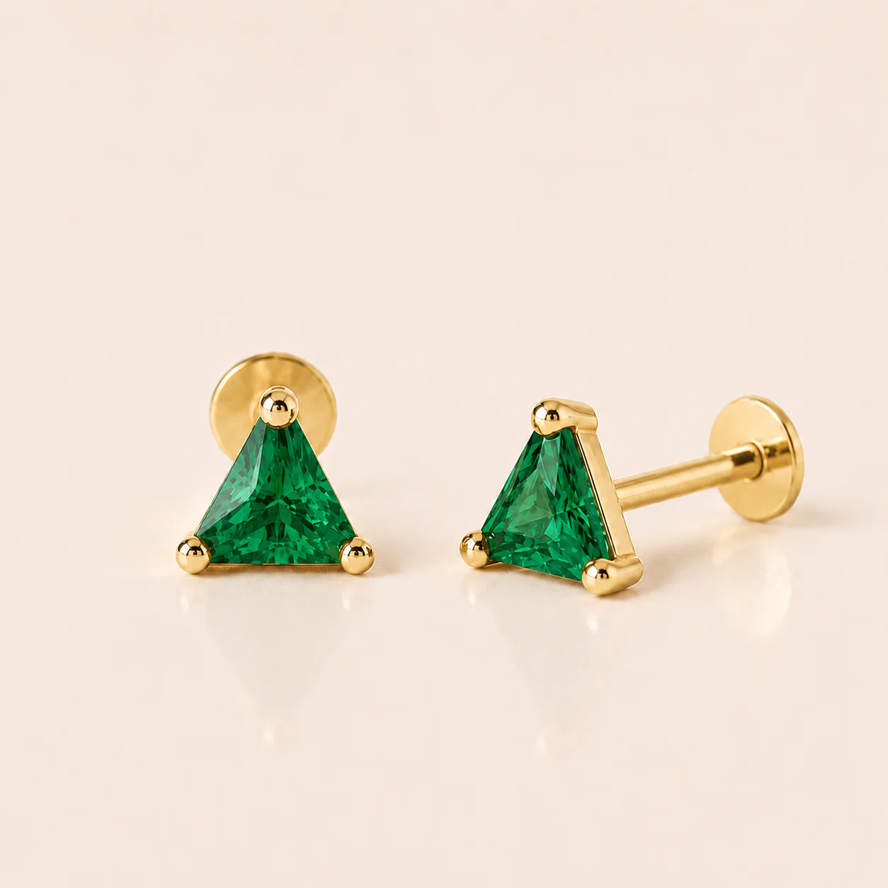 Yellow Gold Triangle Cut Emerald Flat Back Earring - Image 2