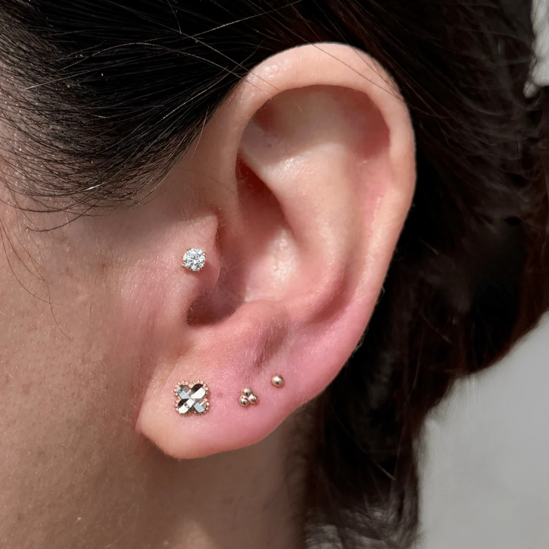 Yellow Gold Trinity Beaded Cluster Flat Back Earring - Image 12