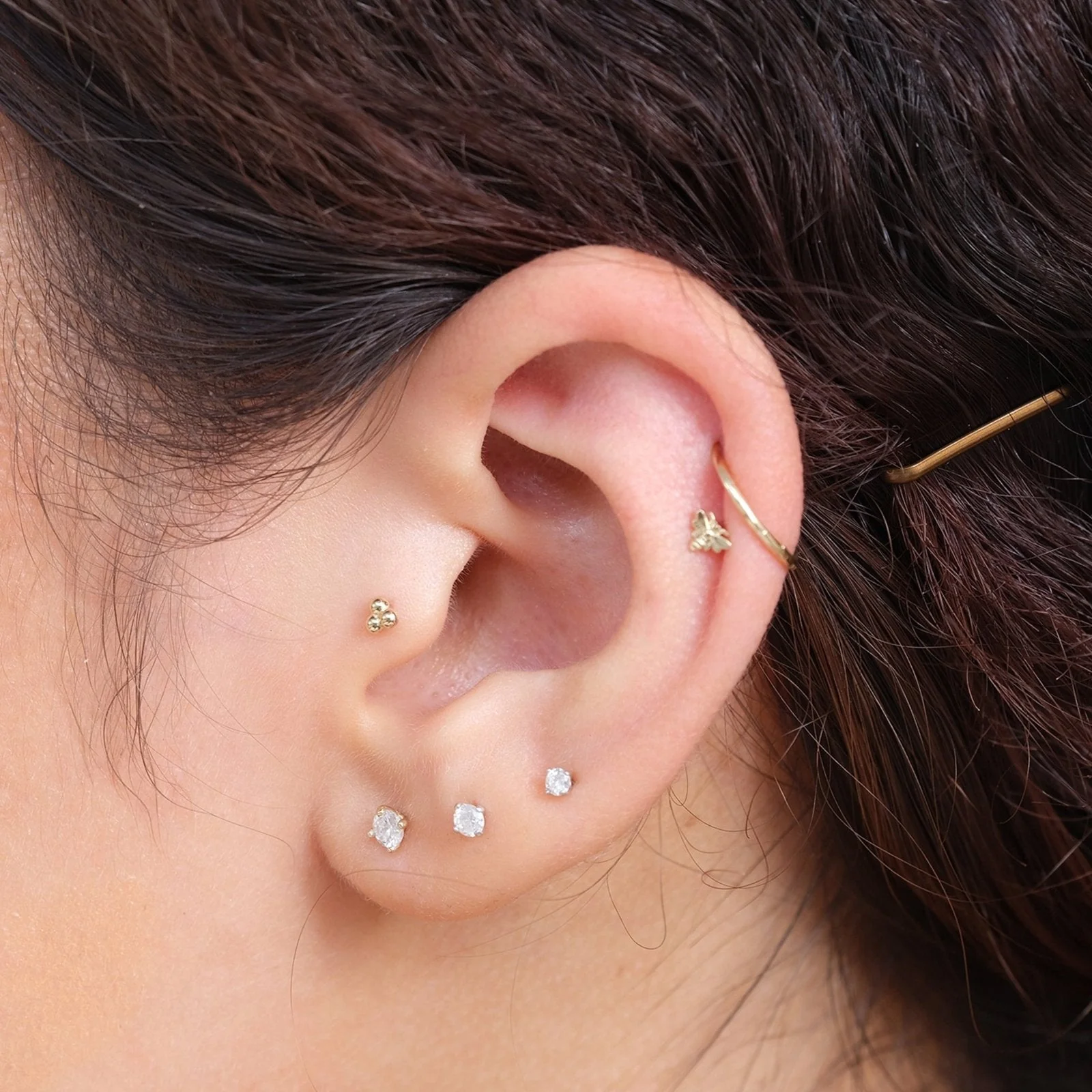 Yellow Gold Trinity Beaded Cluster Flat Back Earring - Image 13