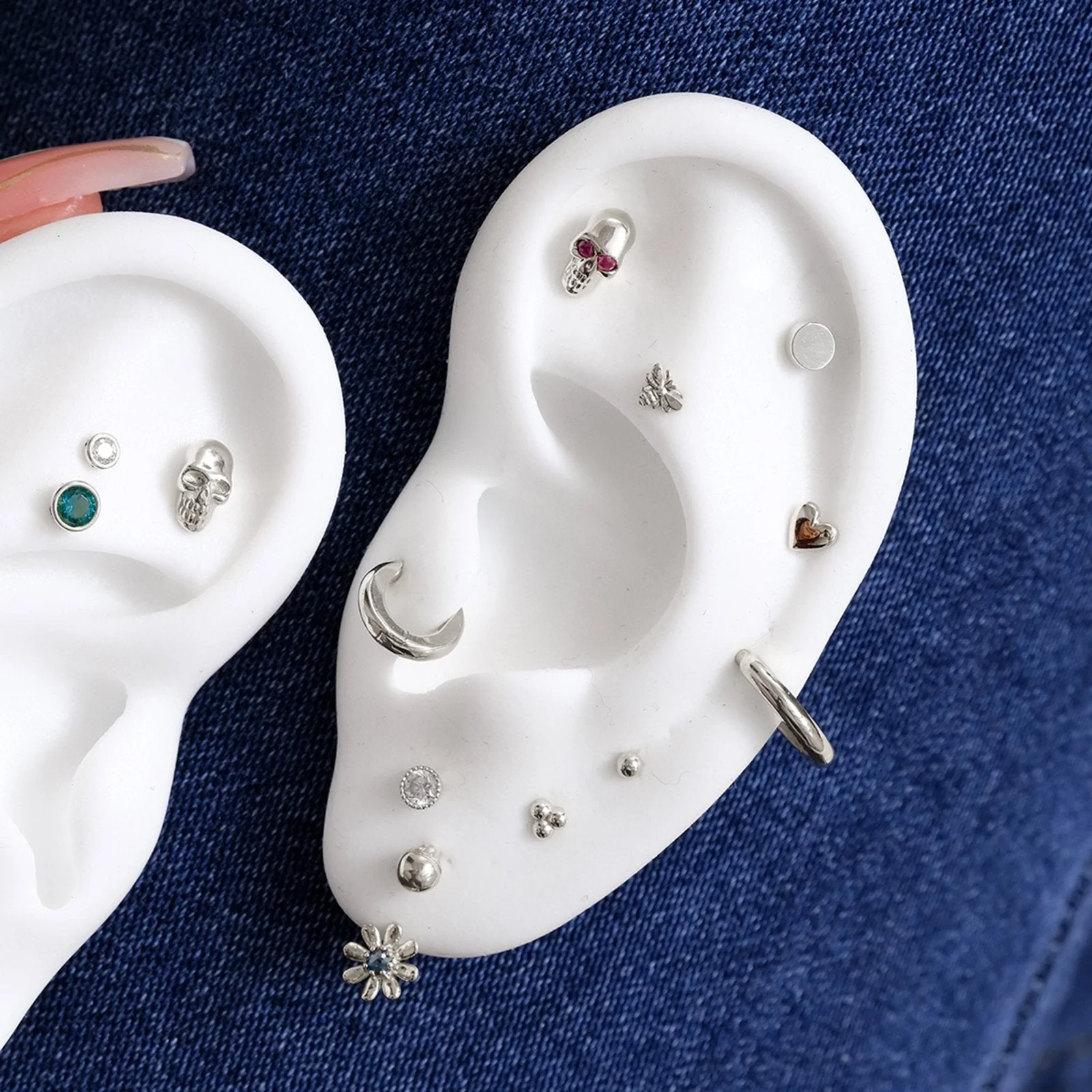 White Gold Trinity Beaded Cluster Flat Back Earring - Image 2
