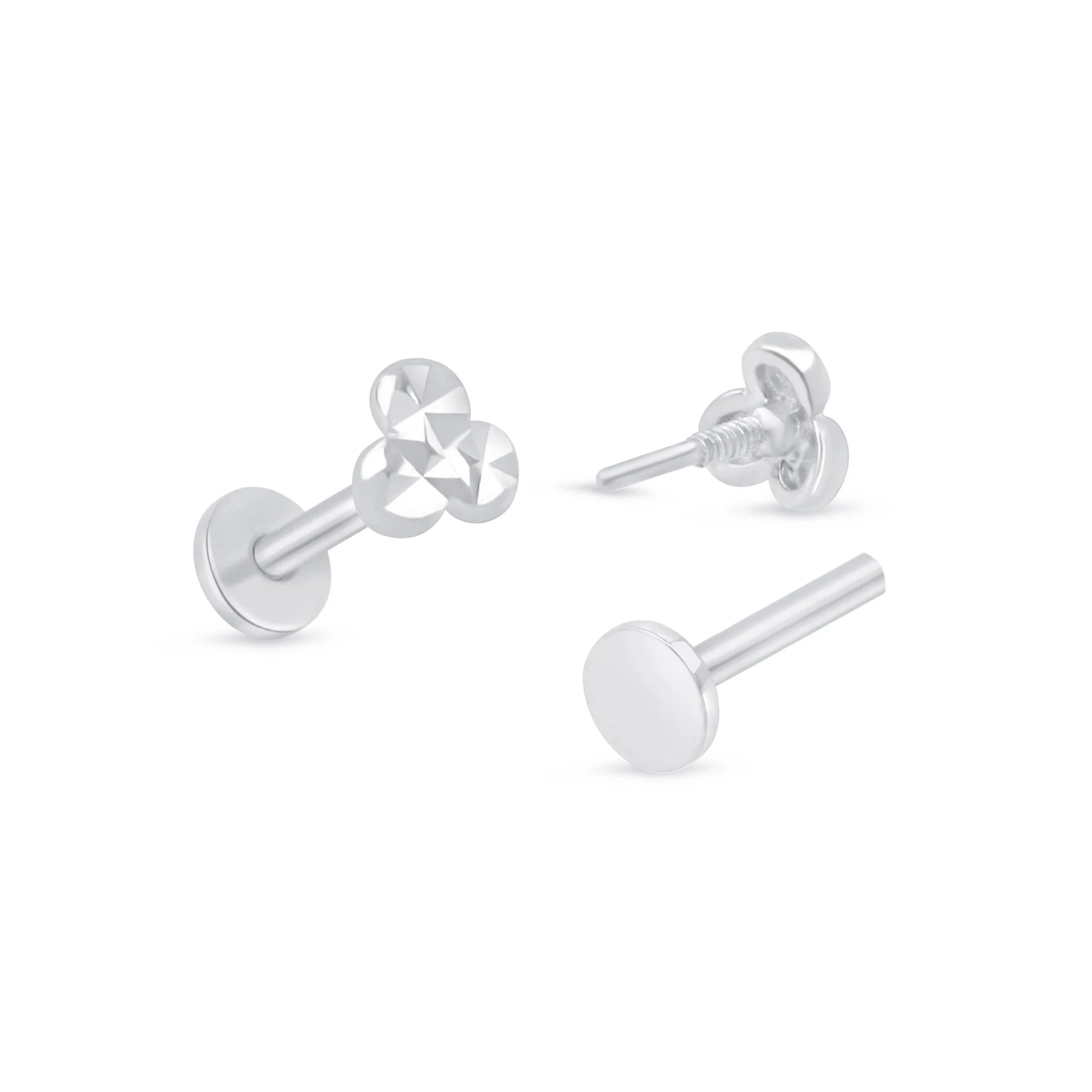 White Gold Diamond Cut Trinity Flat Back Earring - Image 5