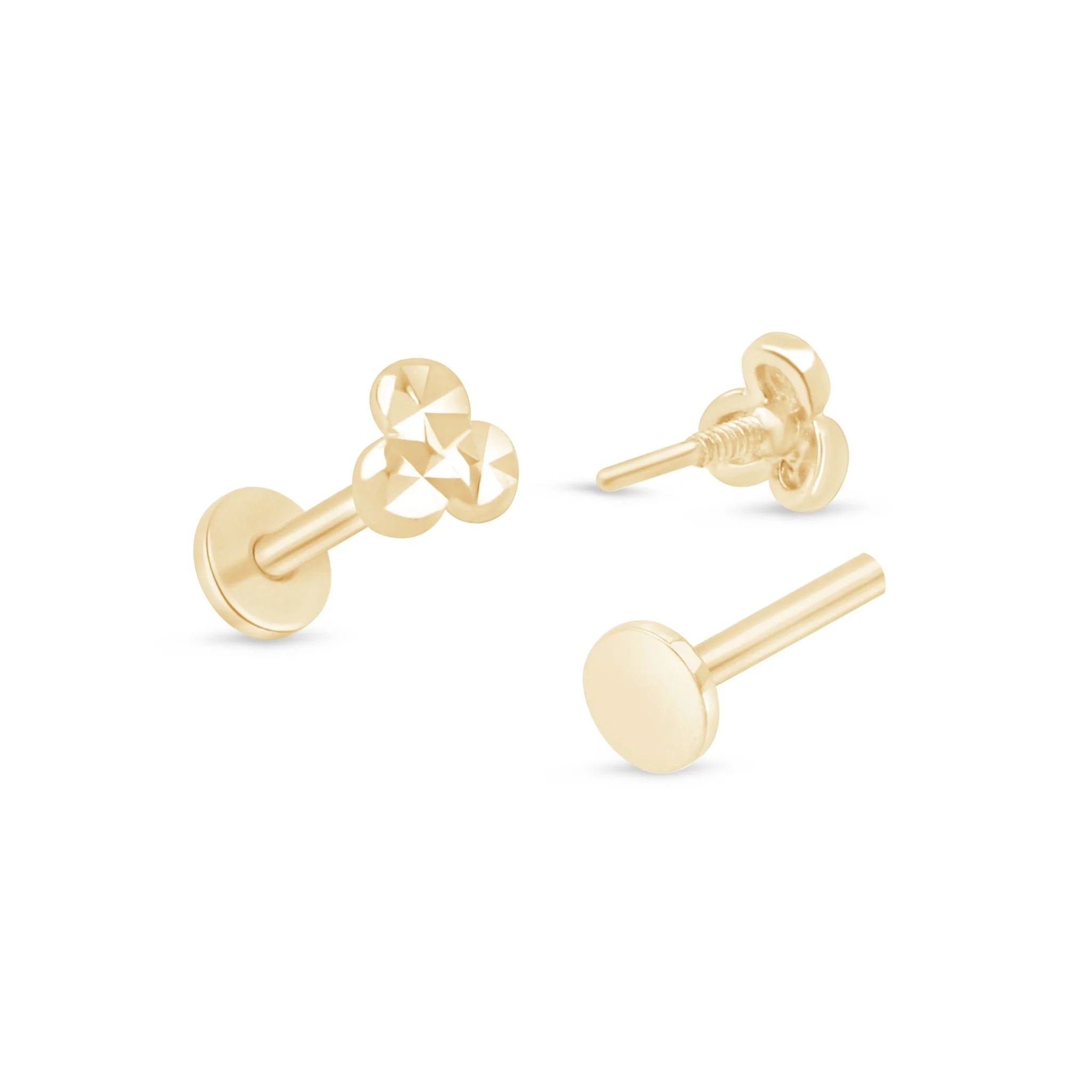 Yellow Gold Diamond Cut Trinity Flat Back Earring - Image 6