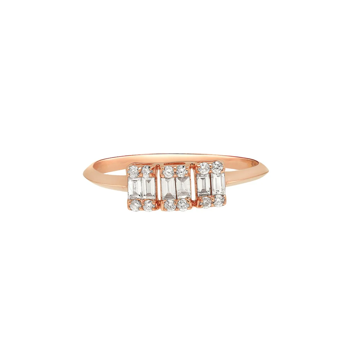 Three Stone Diamond Baguette Ring in Solid 14k Rose Gold