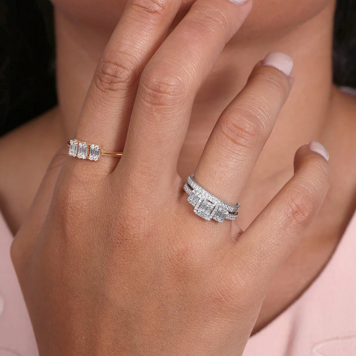 Three Stone Diamond Baguette Ring in Solid 14k Rose Gold - Image 2