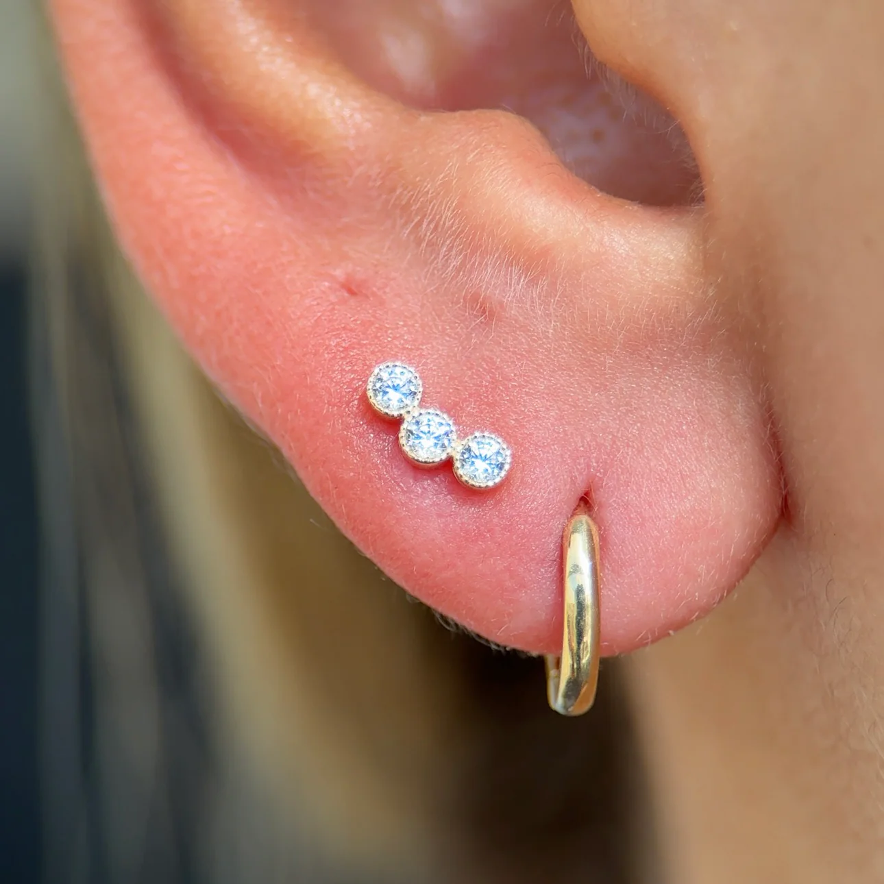 Yellow Gold Triple Gemstone Milgrain Flat Back Earring - Image 2