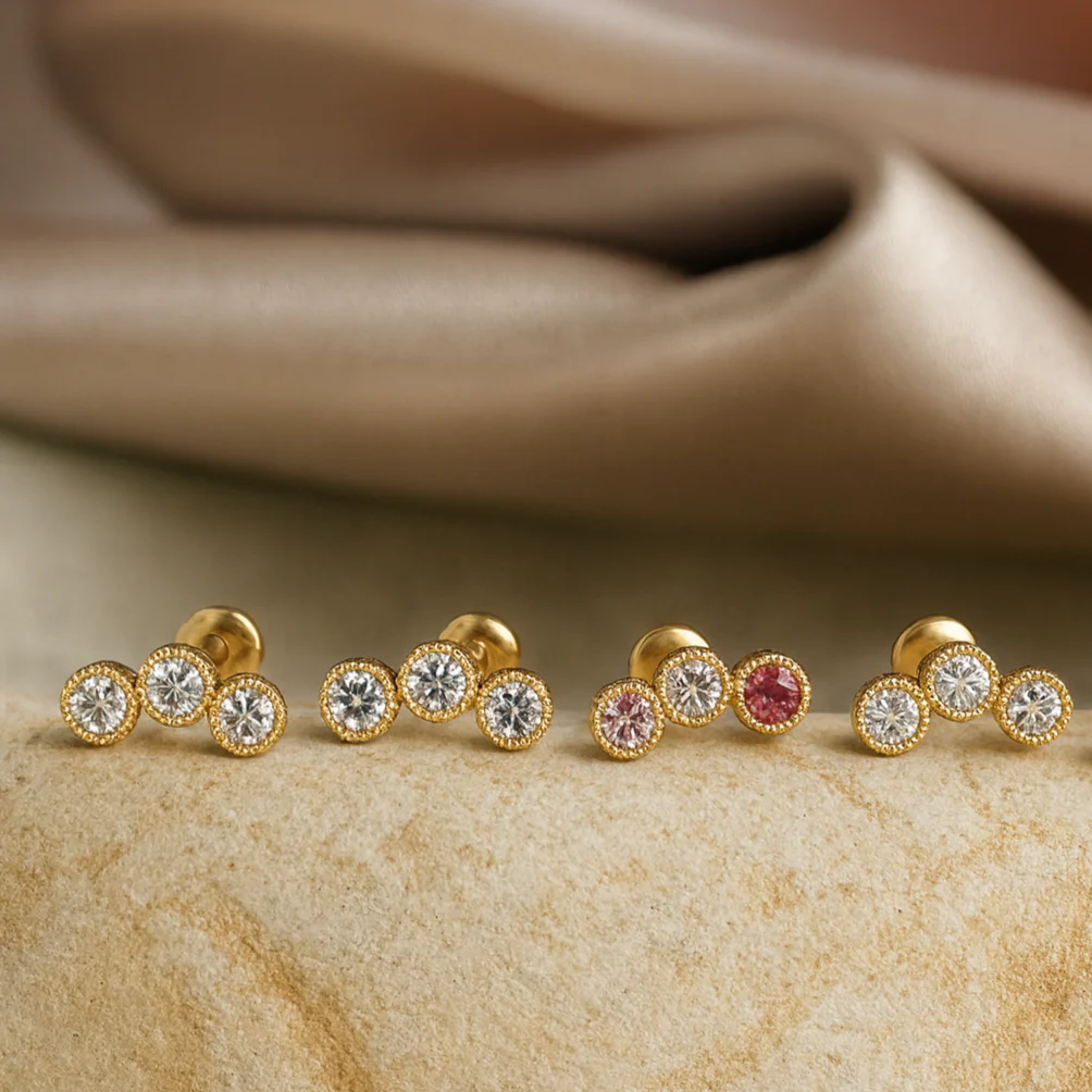 Yellow Gold Triple Gemstone Milgrain Flat Back Earring - Image 6