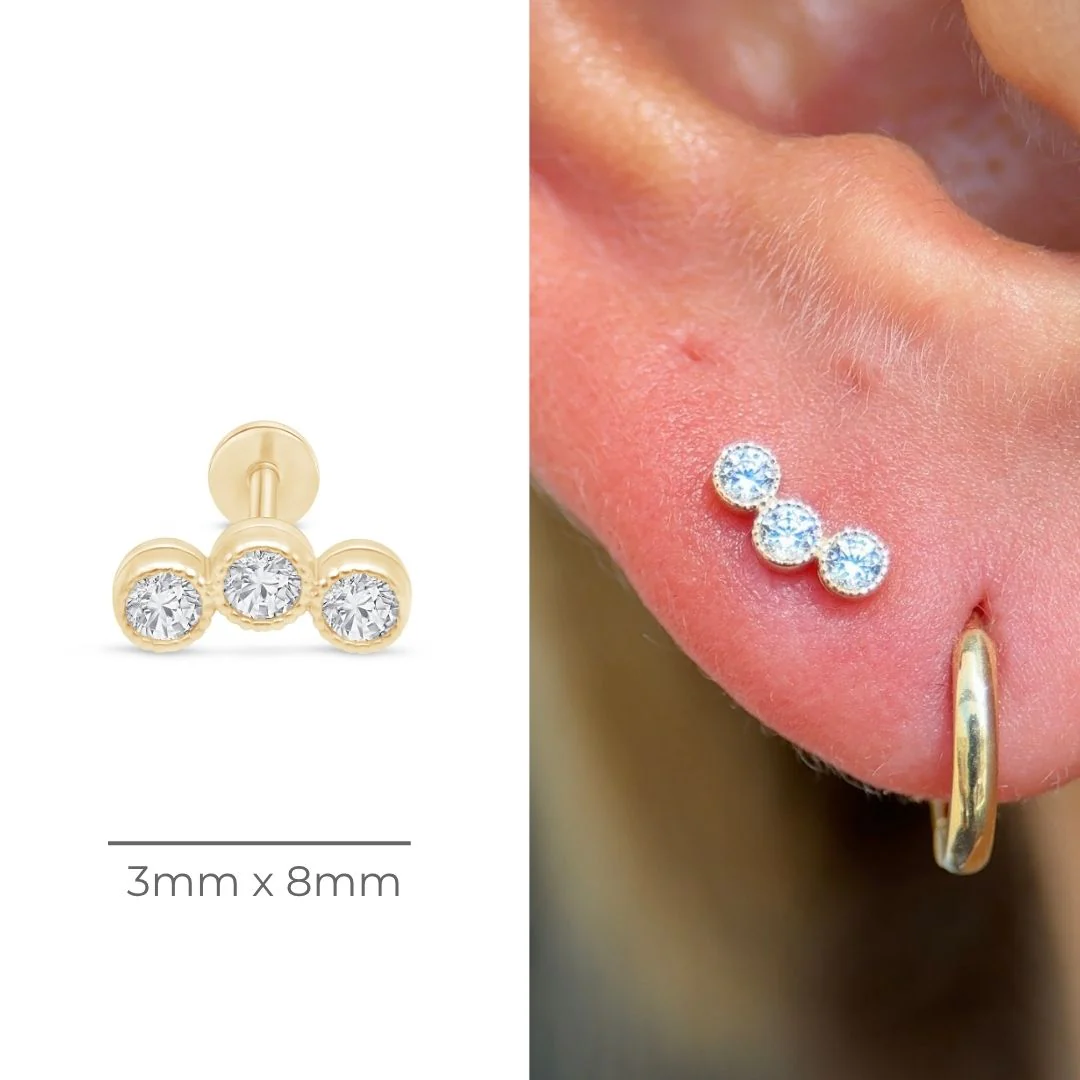 Yellow Gold Triple Gemstone Milgrain Flat Back Earring - Image 8