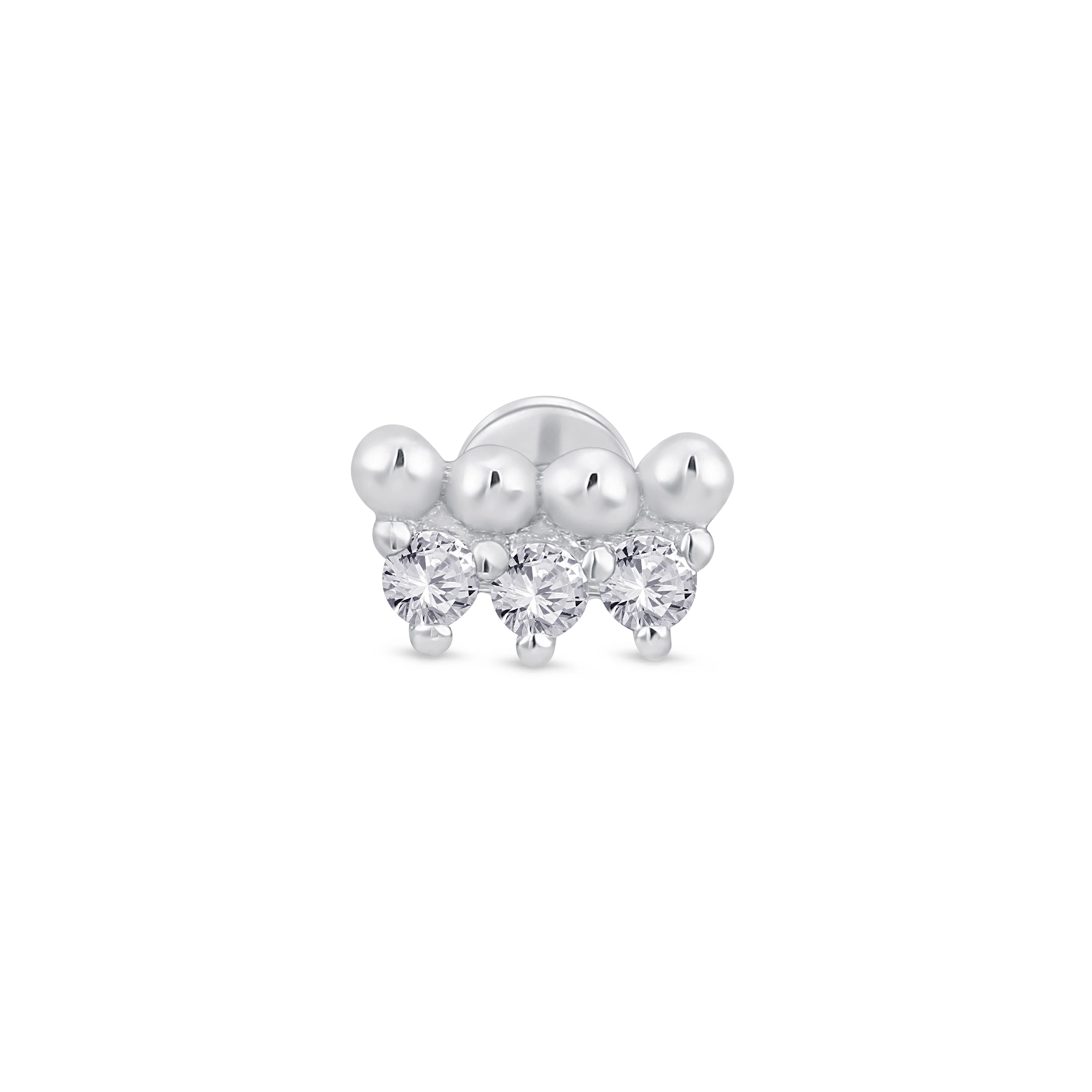 White Gold Triple Stone Beaded Flat Back Earring