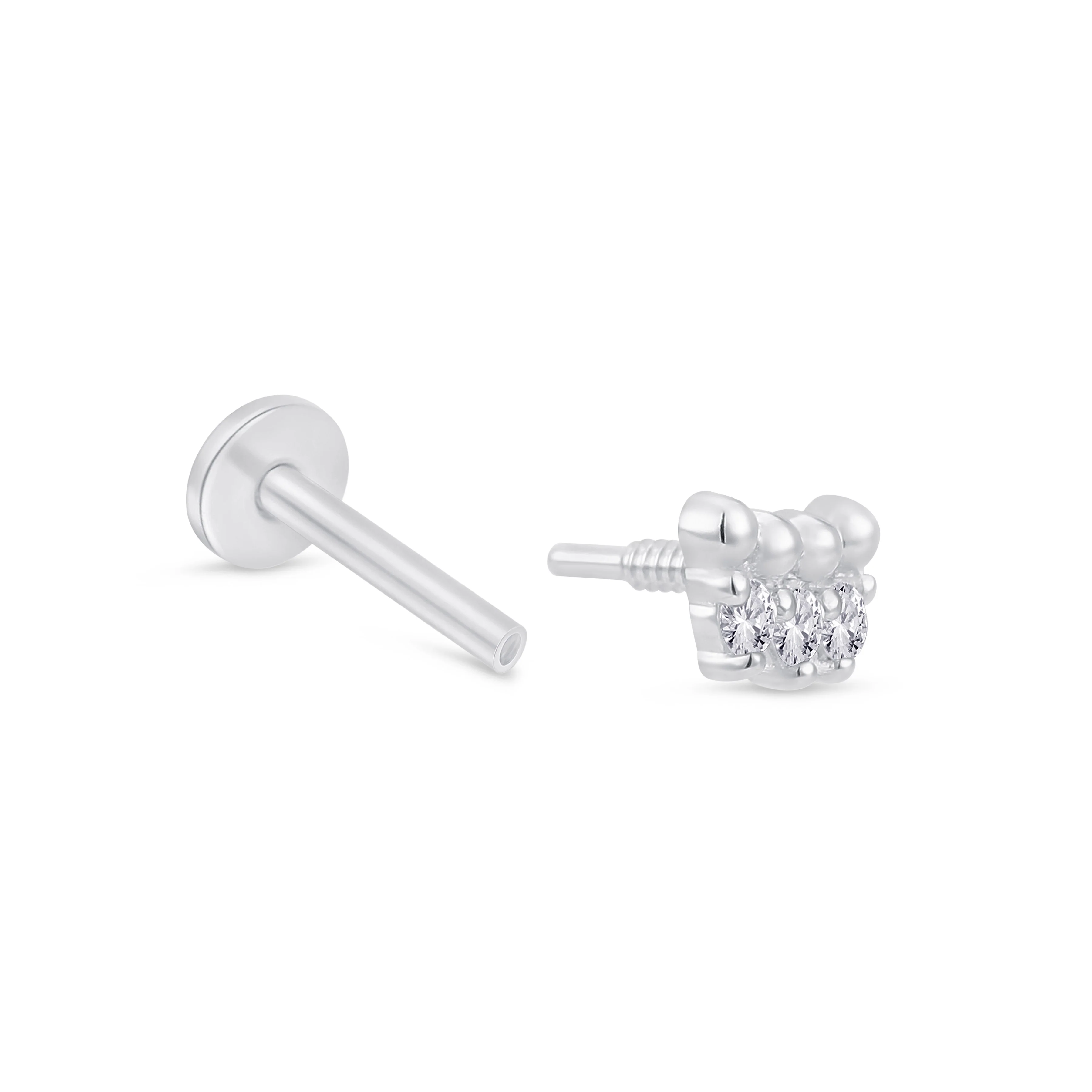 White Gold Triple Stone Beaded Flat Back Earring - Image 8