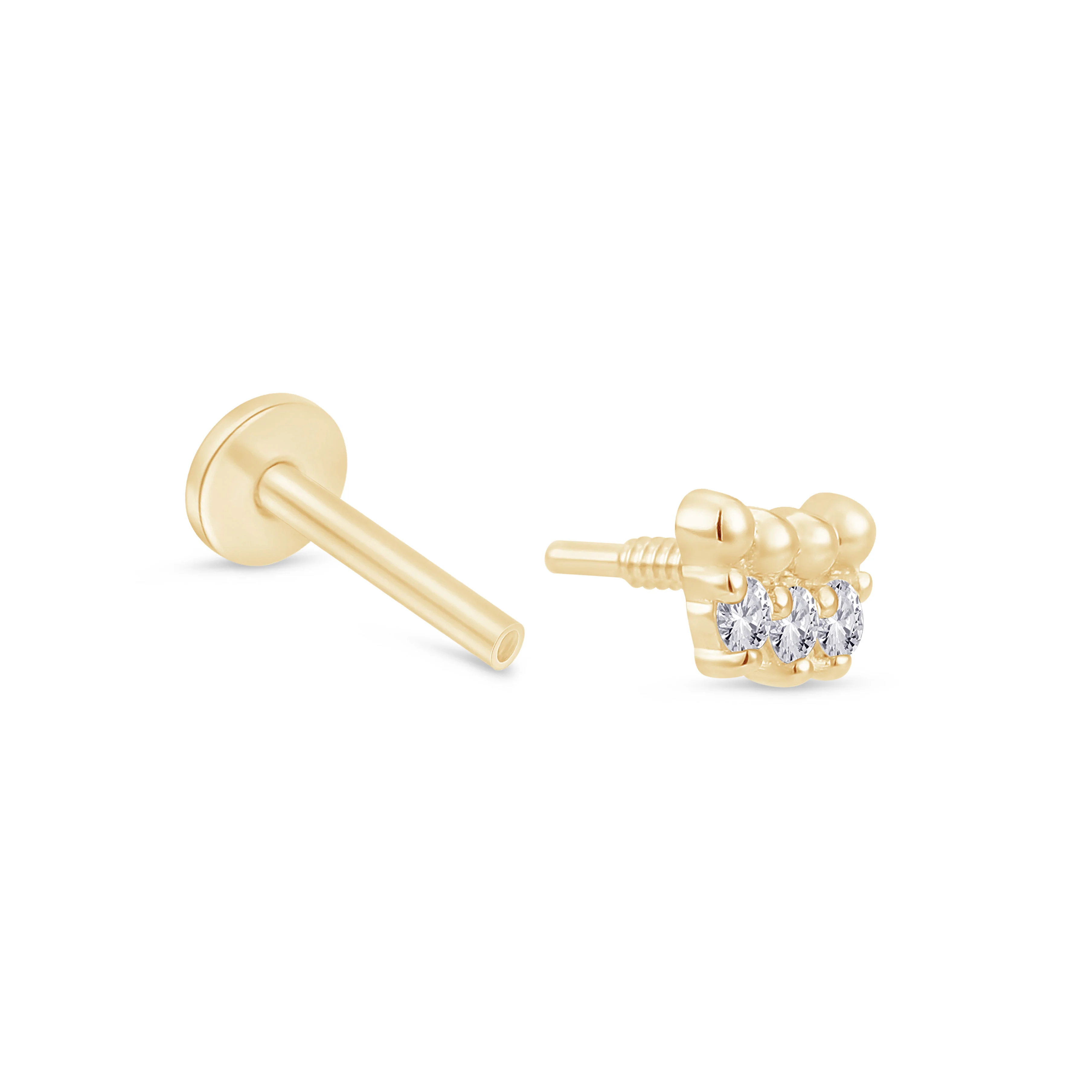 Yellow Gold Triple Stone Beaded Flat Back Earring - Image 8