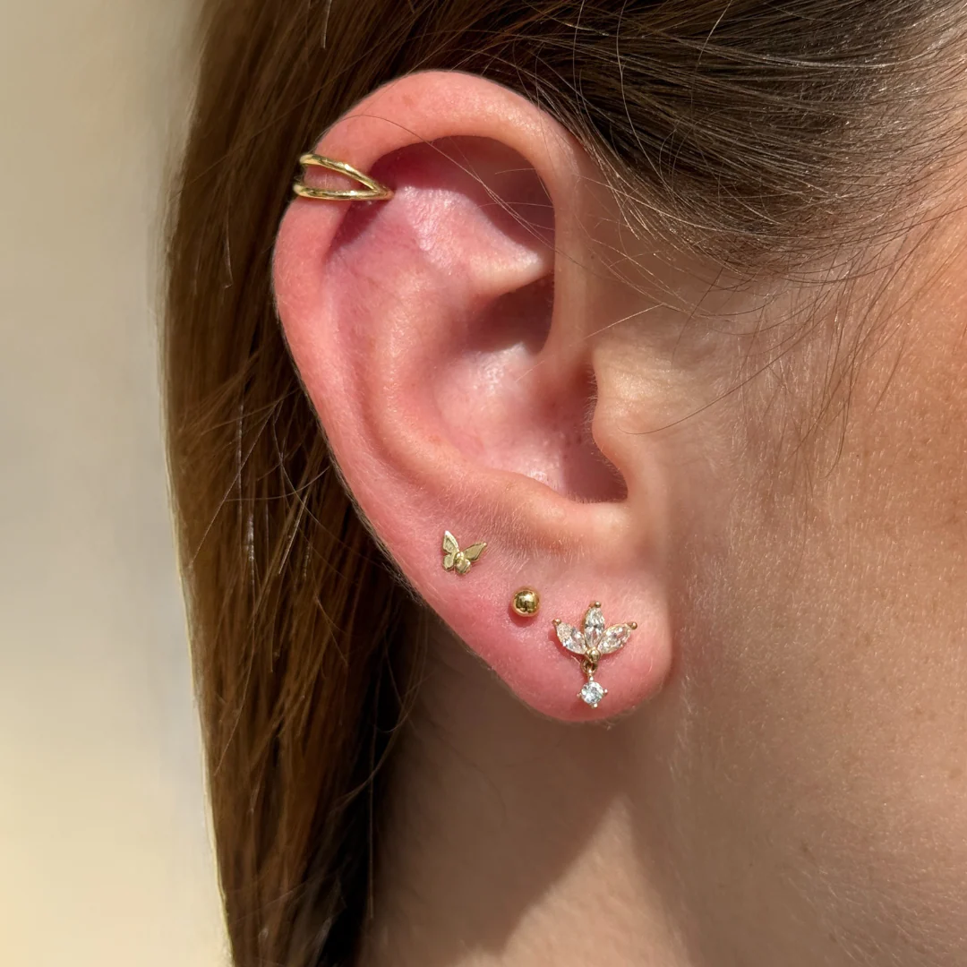 Yellow Gold Triple Marquise Drop Flat Back Earring - Image 3
