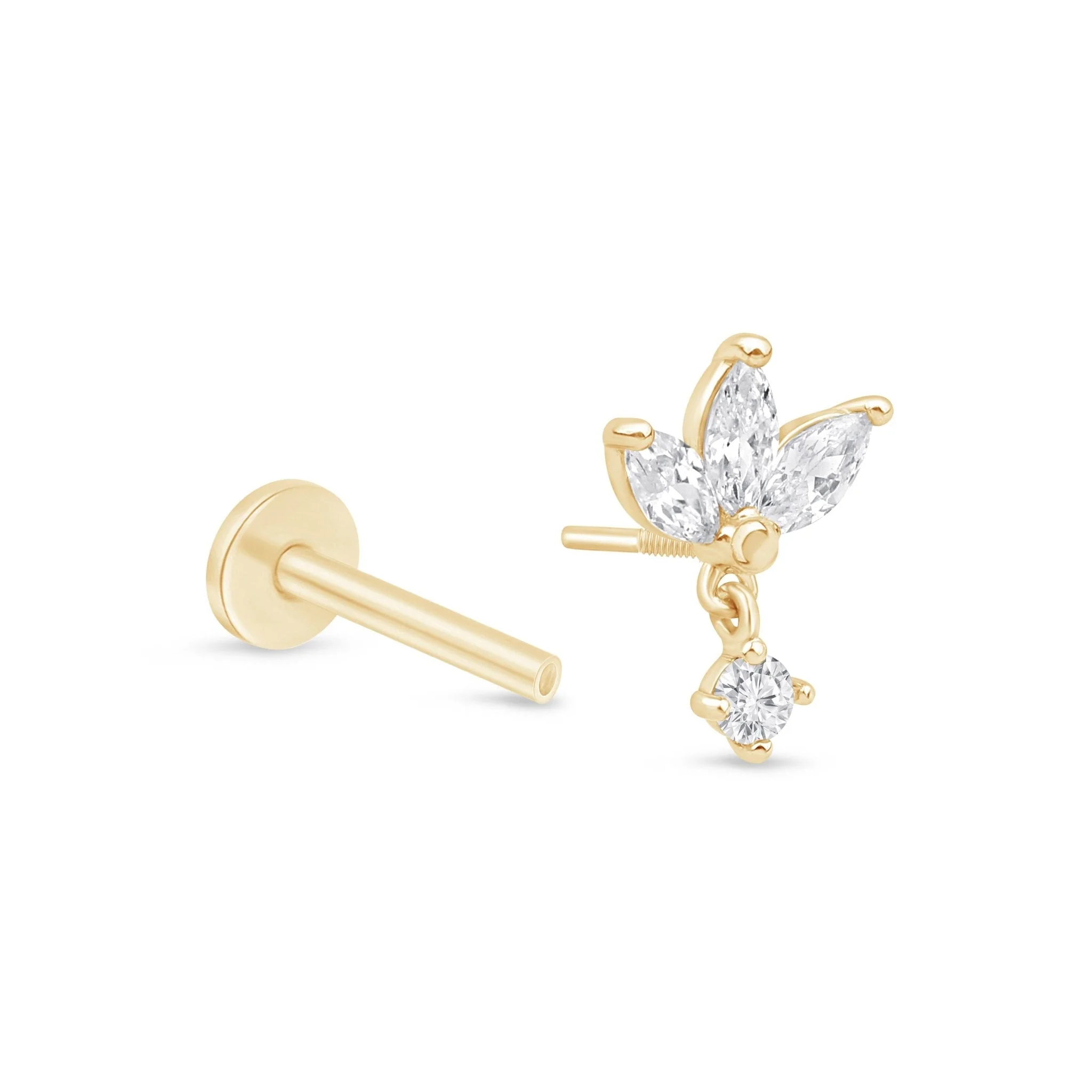 Yellow Gold Triple Marquise Drop Flat Back Earring - Image 7