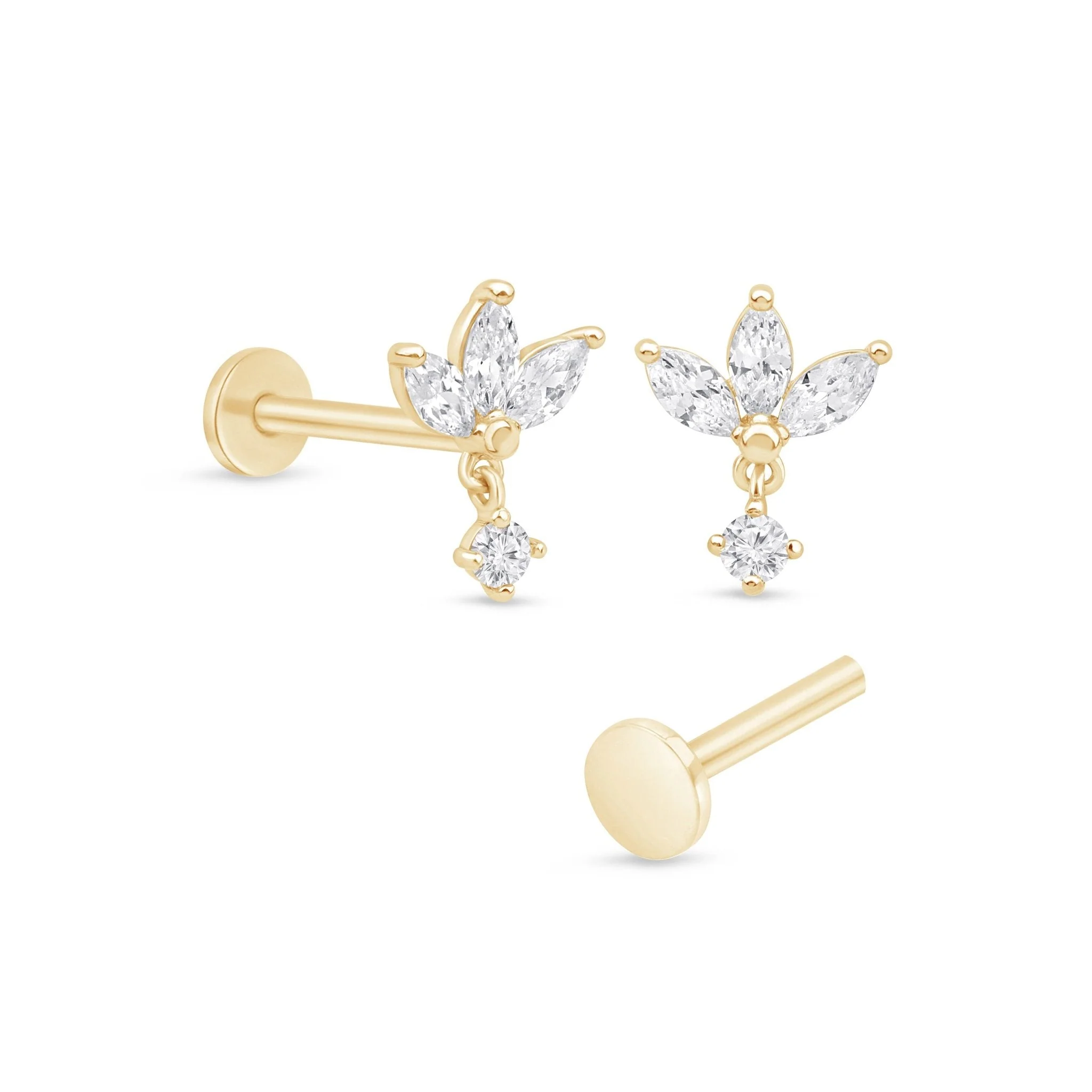 Yellow Gold Triple Marquise Drop Flat Back Earring - Image 9