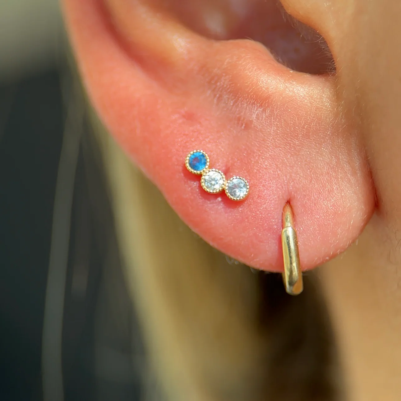 Yellow Gold Triple Topaz Milgrain Flat Back Earring - Image 2