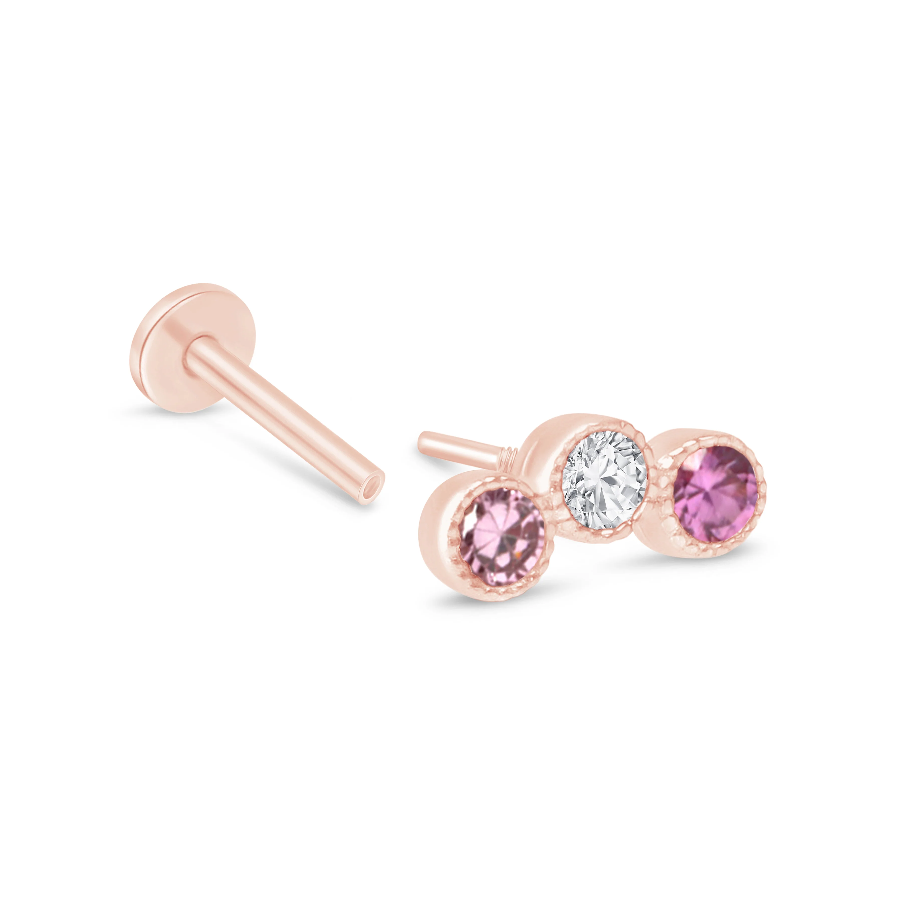 Rose Gold Triple Tourmaline Milgrain Set Flat Back Stud - Image 15