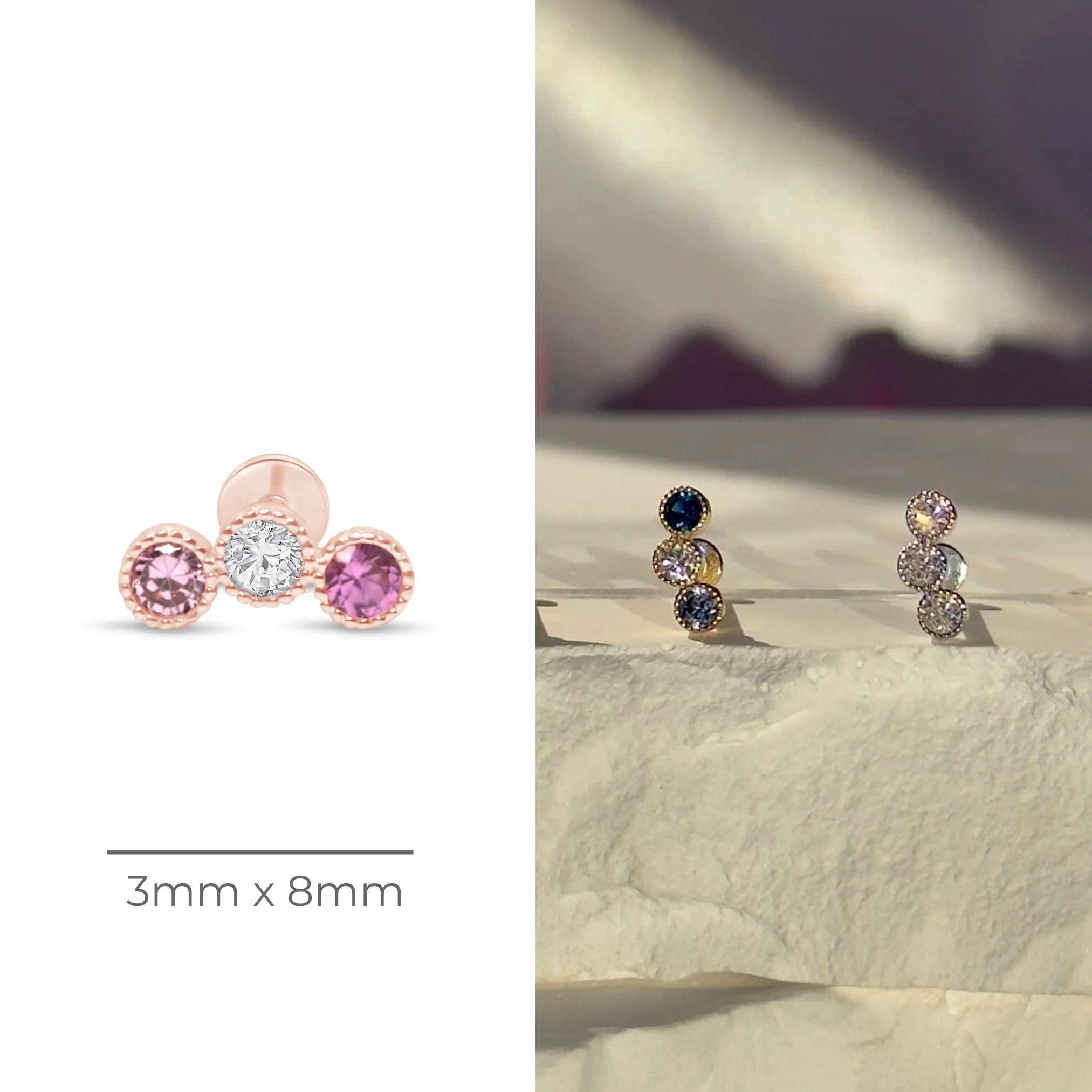 Rose Gold Triple Tourmaline Milgrain Set Flat Back Stud - Image 16
