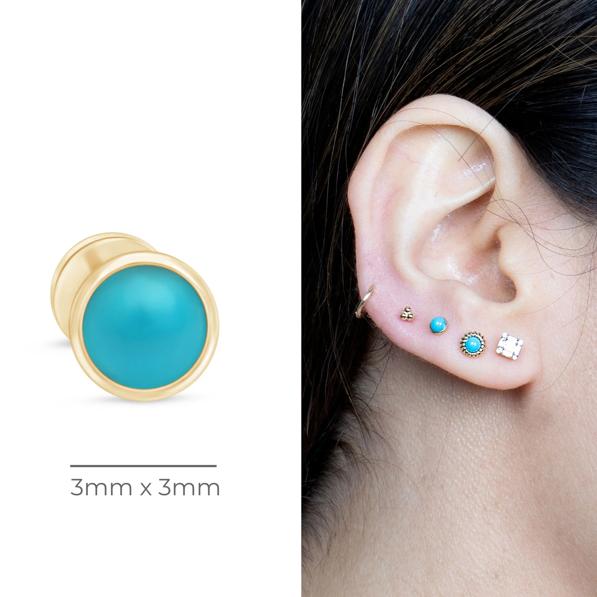 Yellow Gold Turquoise Cabochon Bezel Flat Back Earring - Image 10