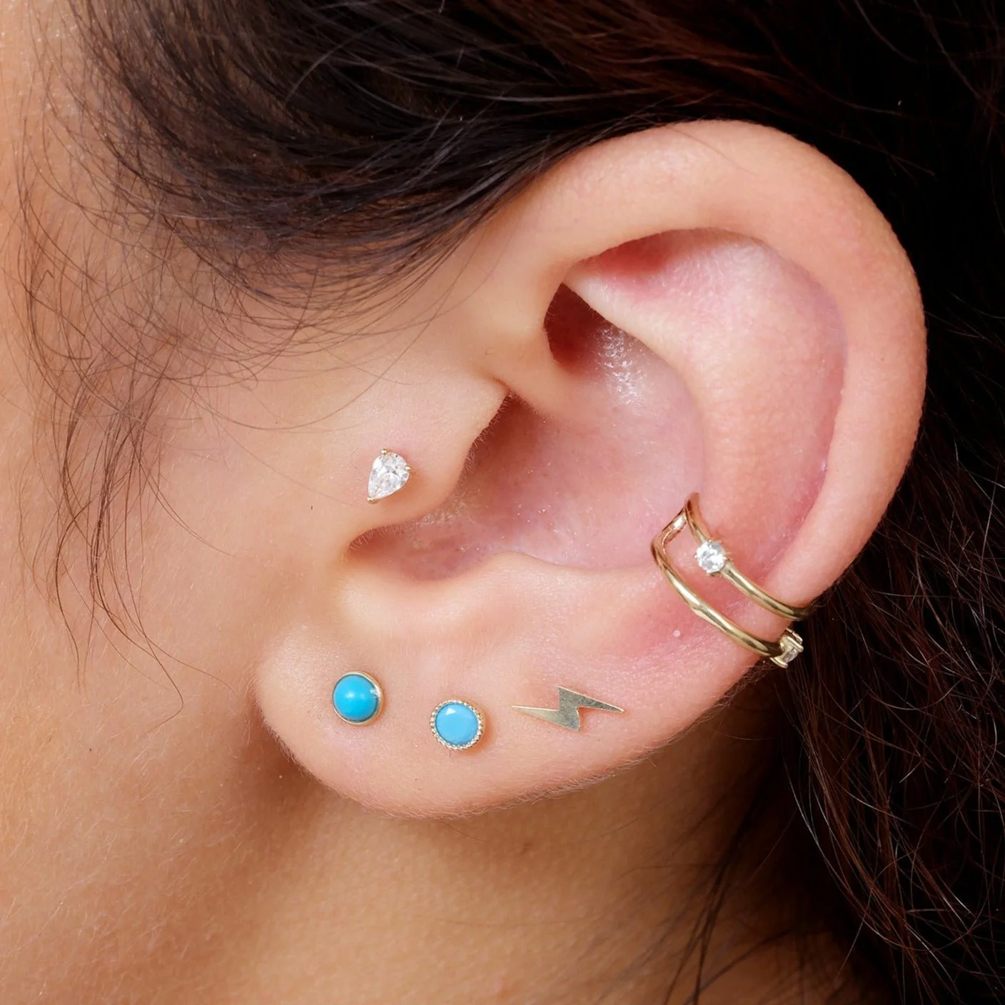 Yellow Gold Turquoise Cabochon Bezel Flat Back Earring - Image 7