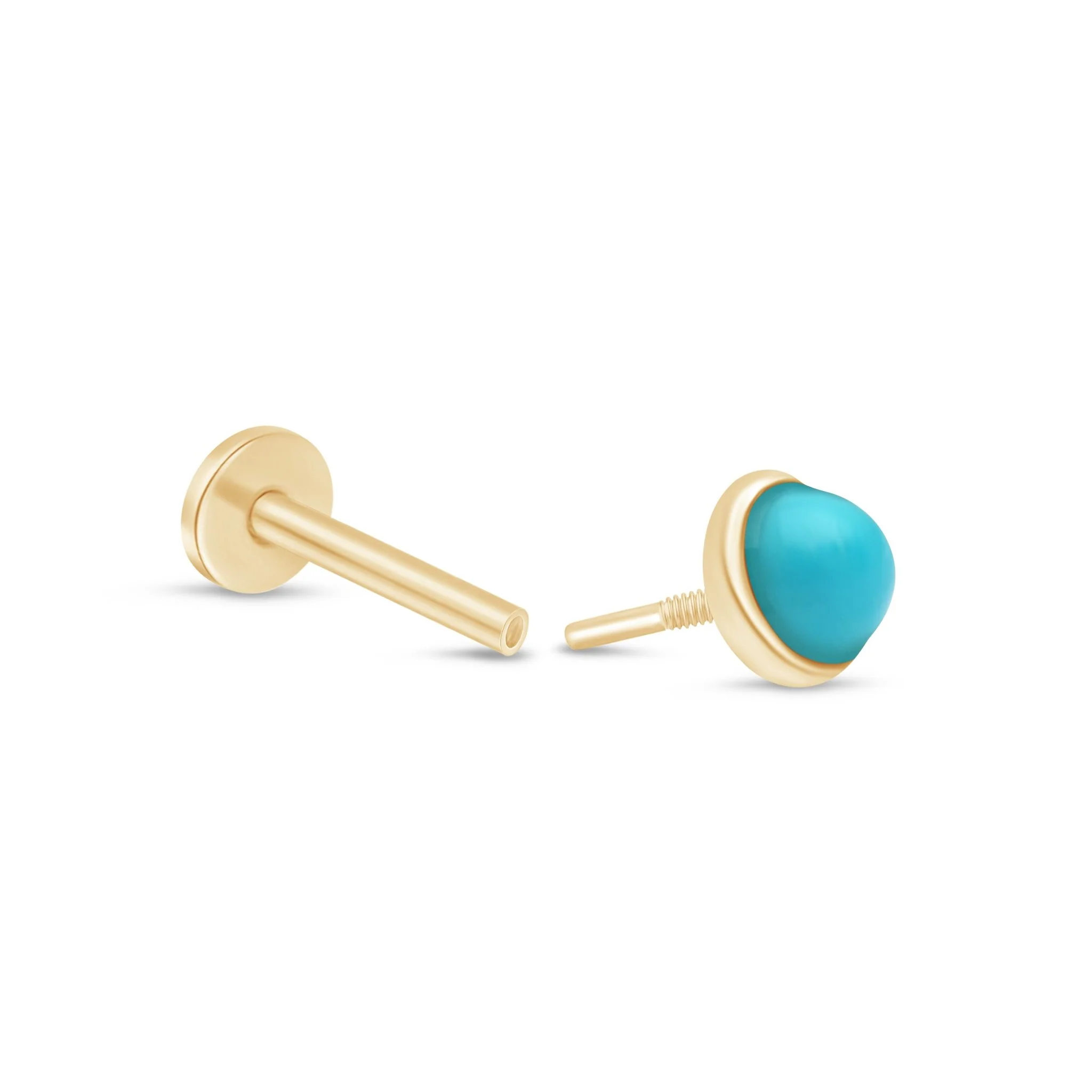 Yellow Gold Turquoise Cabochon Bezel Flat Back Earring - Image 9