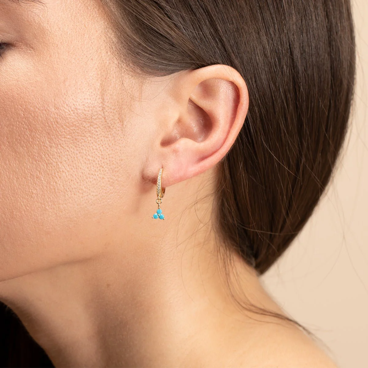 Yellow Gold Turquoise Trinity Cluster Hoops - Image 2