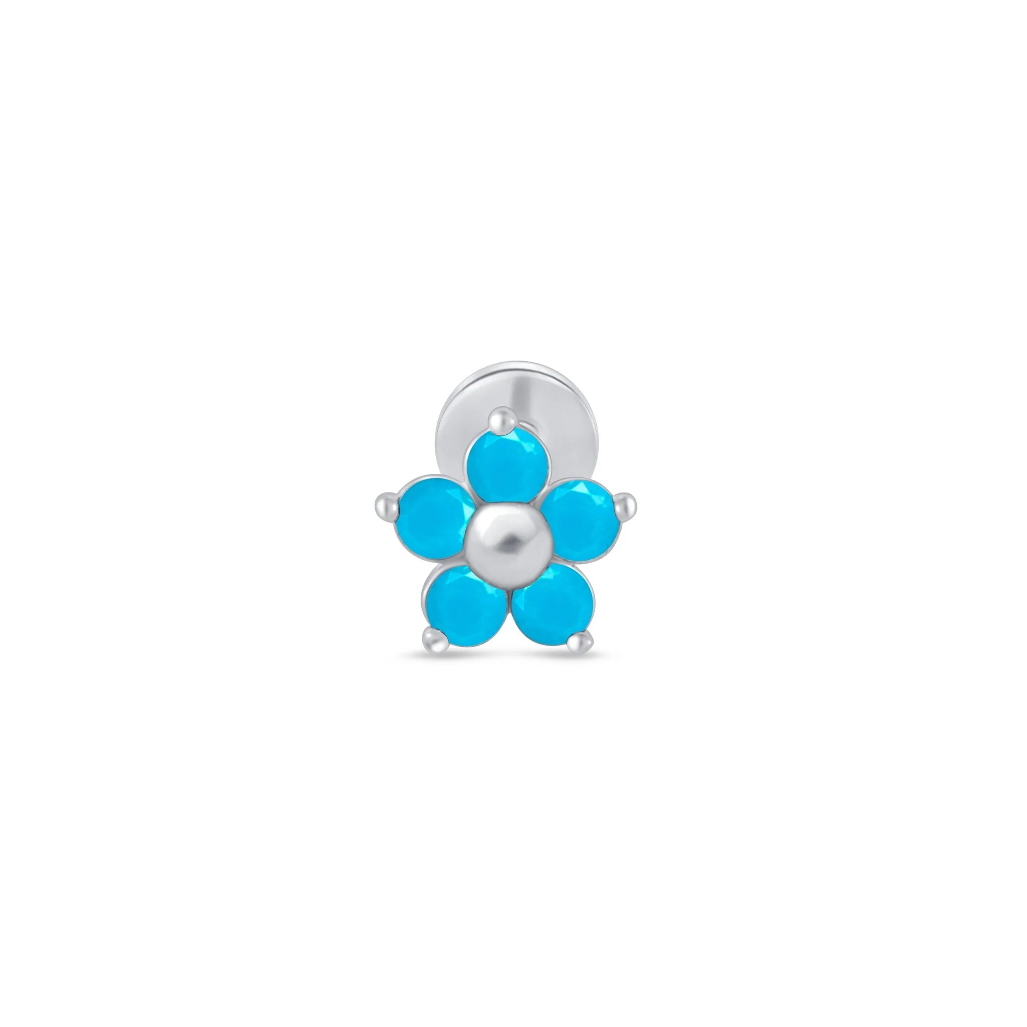 White Gold Blue Turquoise Flower Flat Back Earring