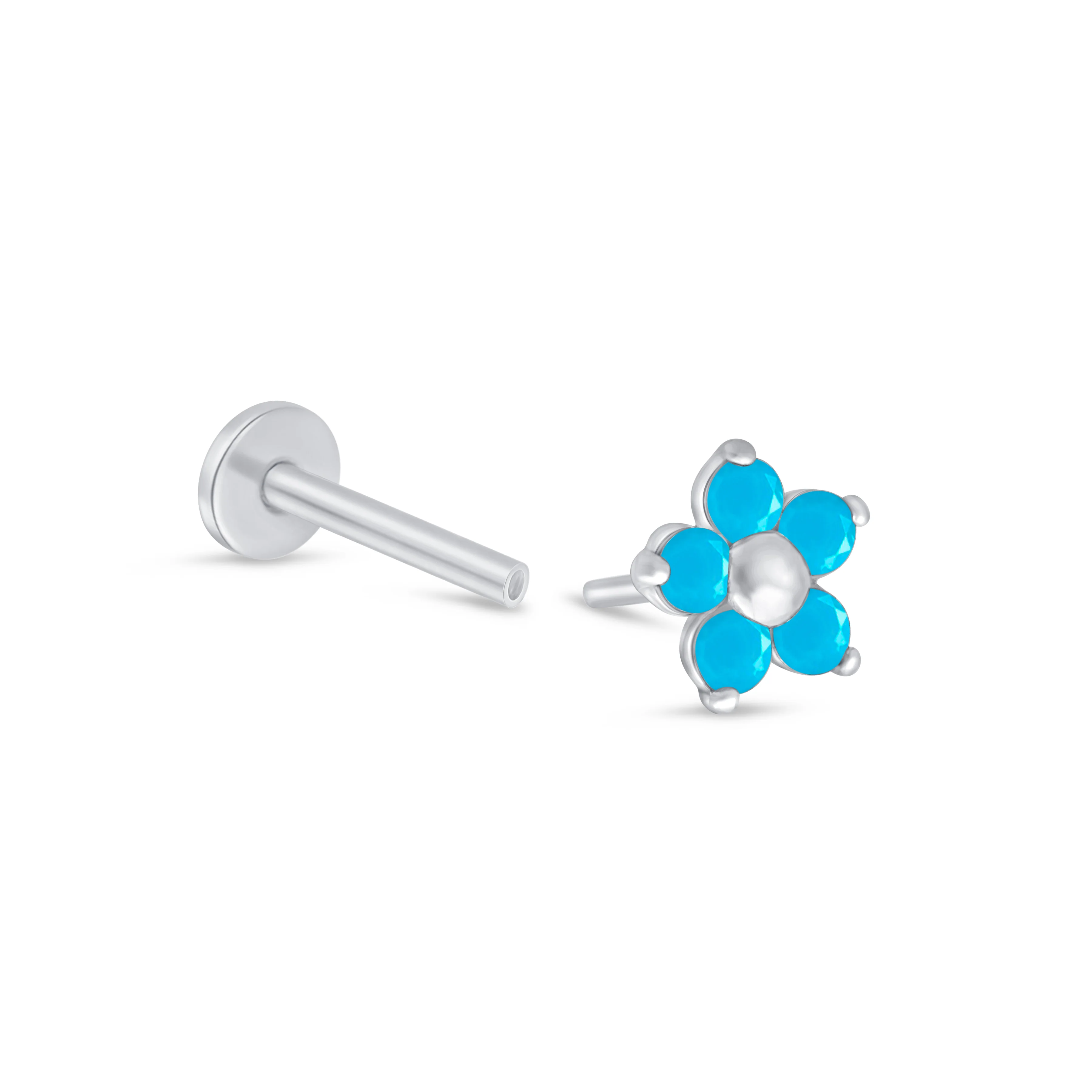 White Gold Blue Turquoise Flower Flat Back Earring - Image 10