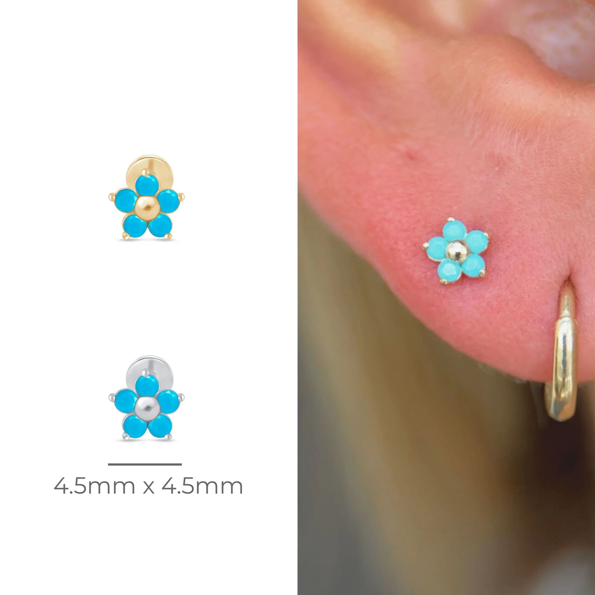 White Gold Blue Turquoise Flower Flat Back Earring - Image 11