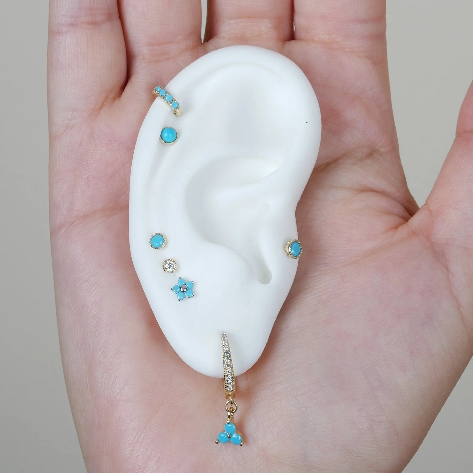 White Gold Blue Turquoise Flower Flat Back Earring - Image 6