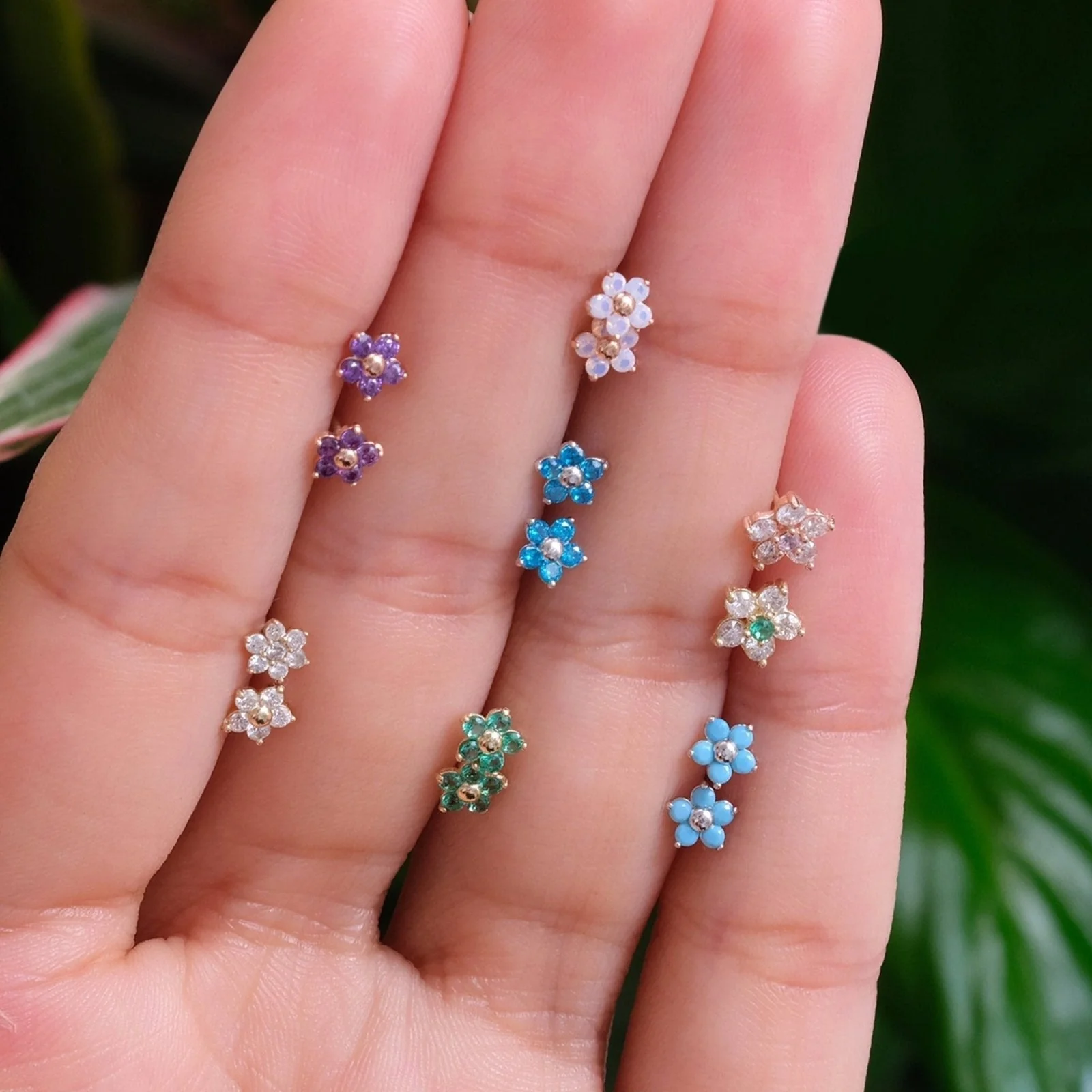 White Gold Blue Turquoise Flower Flat Back Earring - Image 8