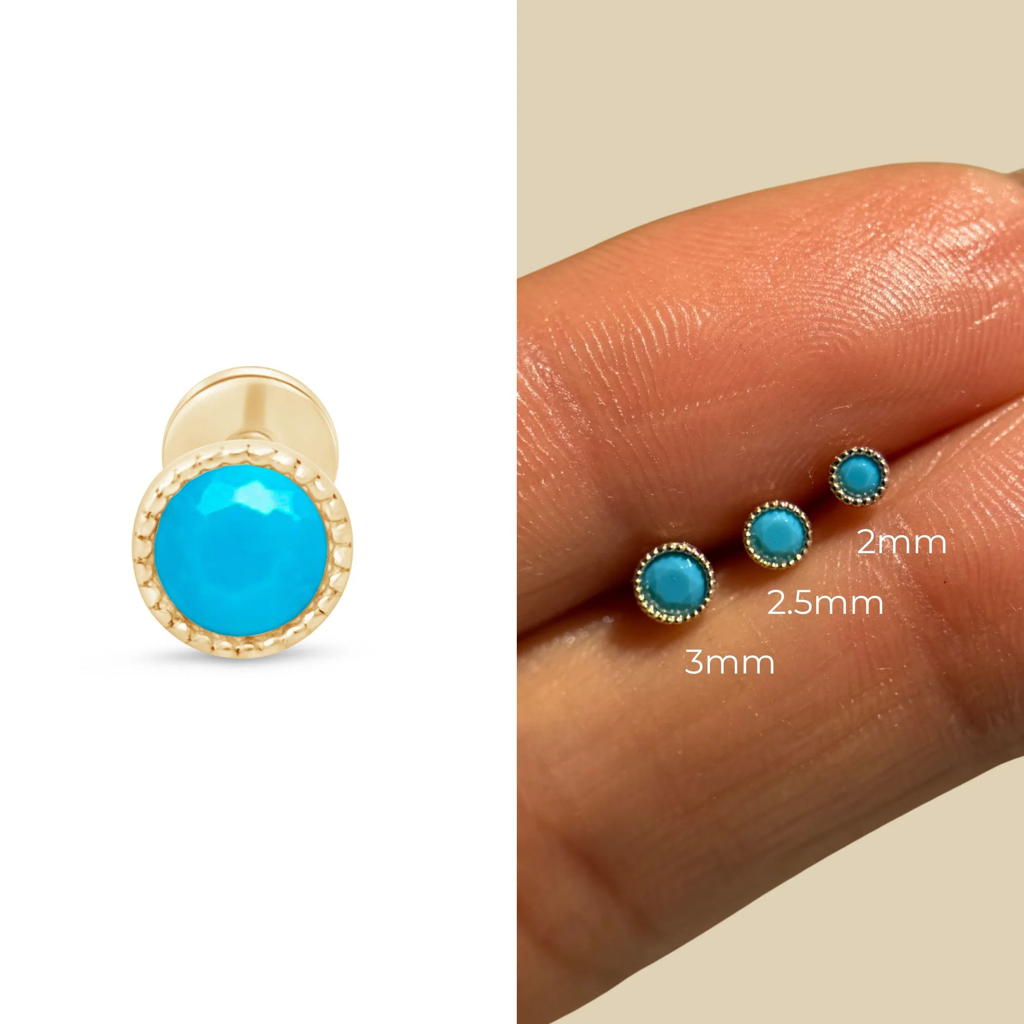 Yellow Gold Turquoise Milgrain Set Flat Back Earring - Image 12