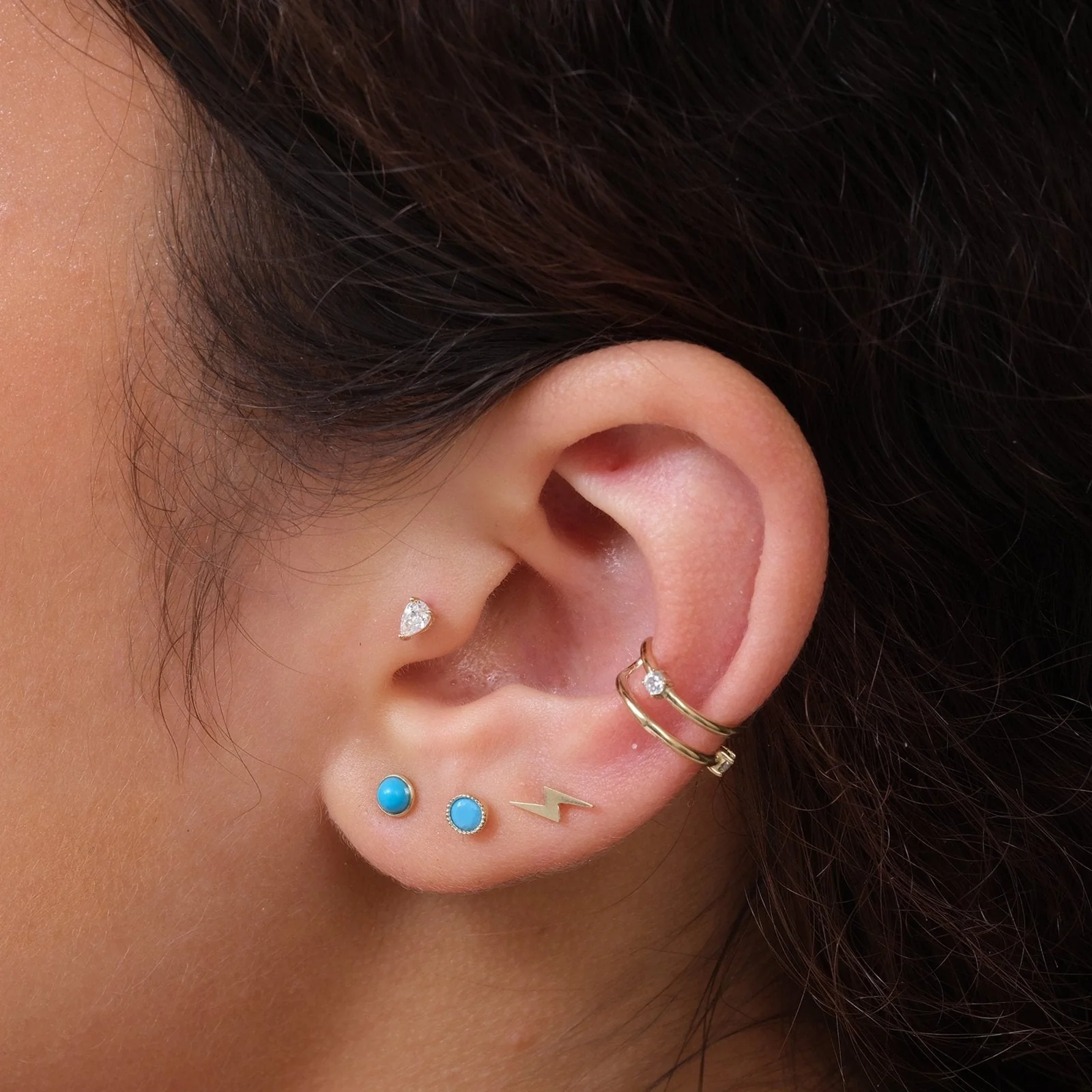Yellow Gold Turquoise Milgrain Set Flat Back Earring - Image 4