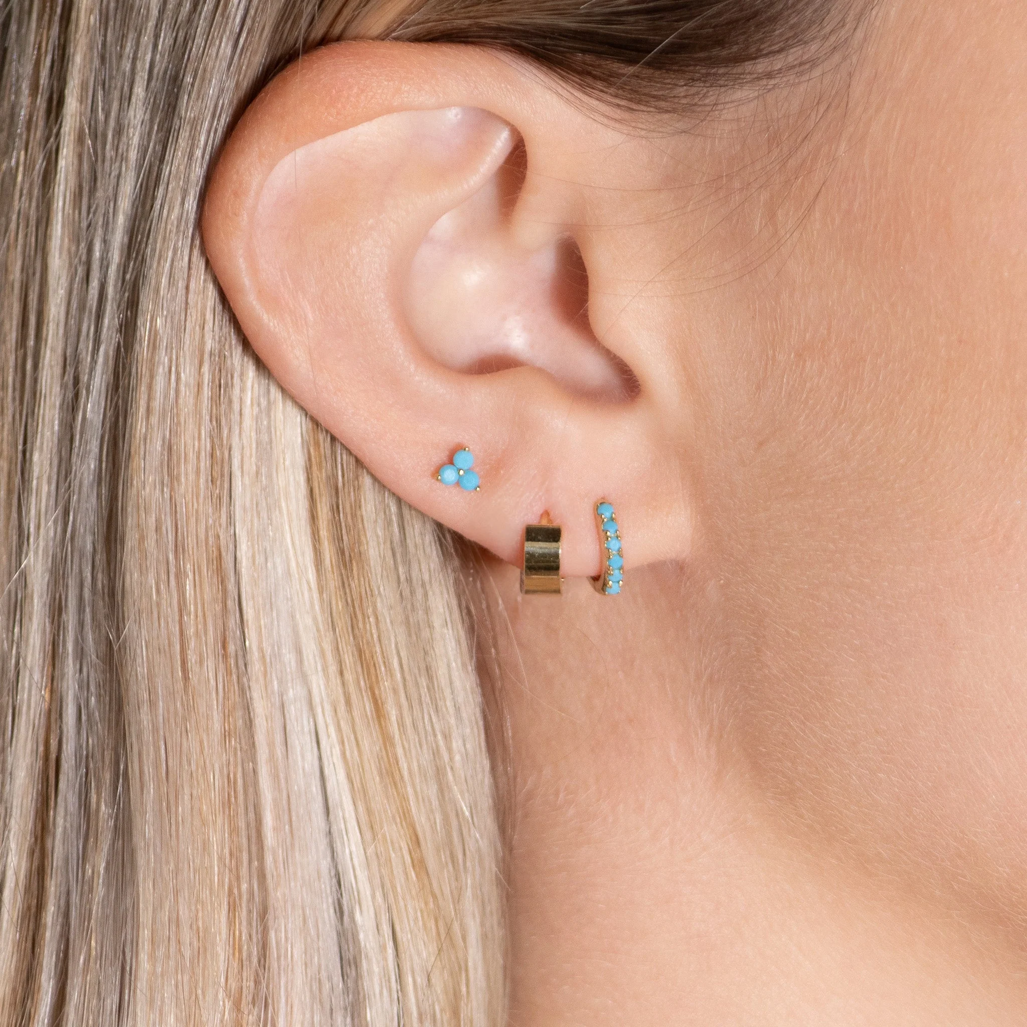 Yellow Gold Turquoise Huggie Hoop - Image 4