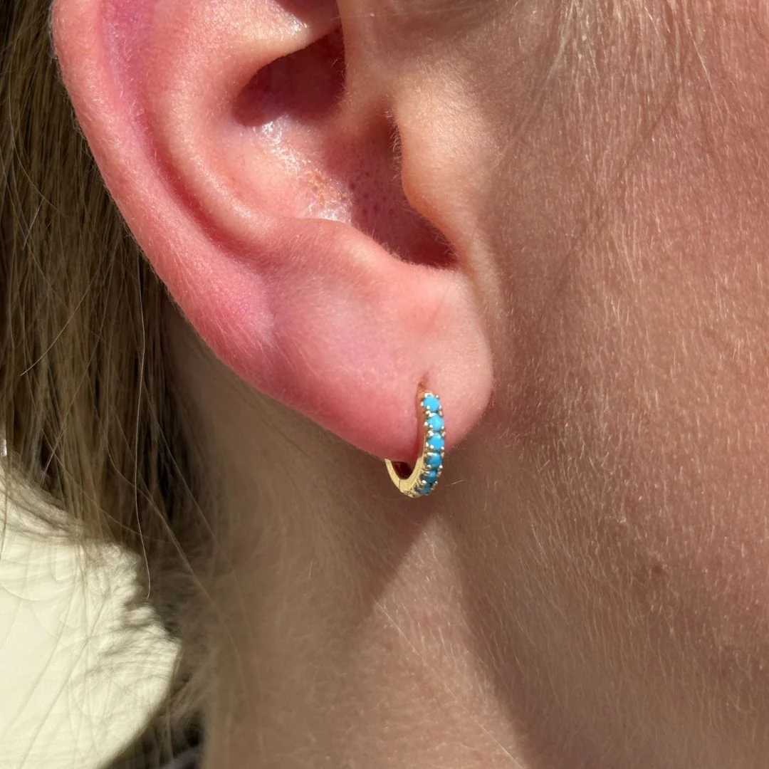 Yellow Gold Turquoise Huggie Hoop - Image 6