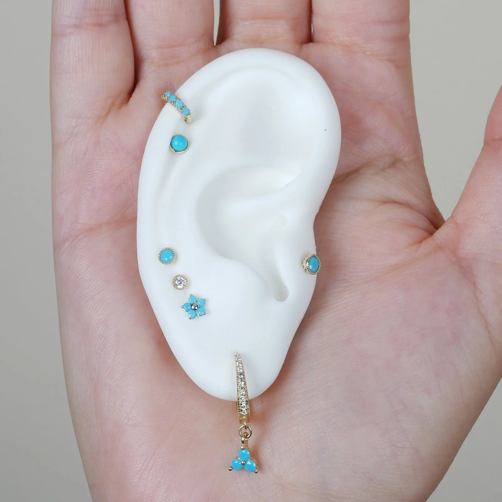 Yellow Gold Turquoise Huggie Hoop - Image 7