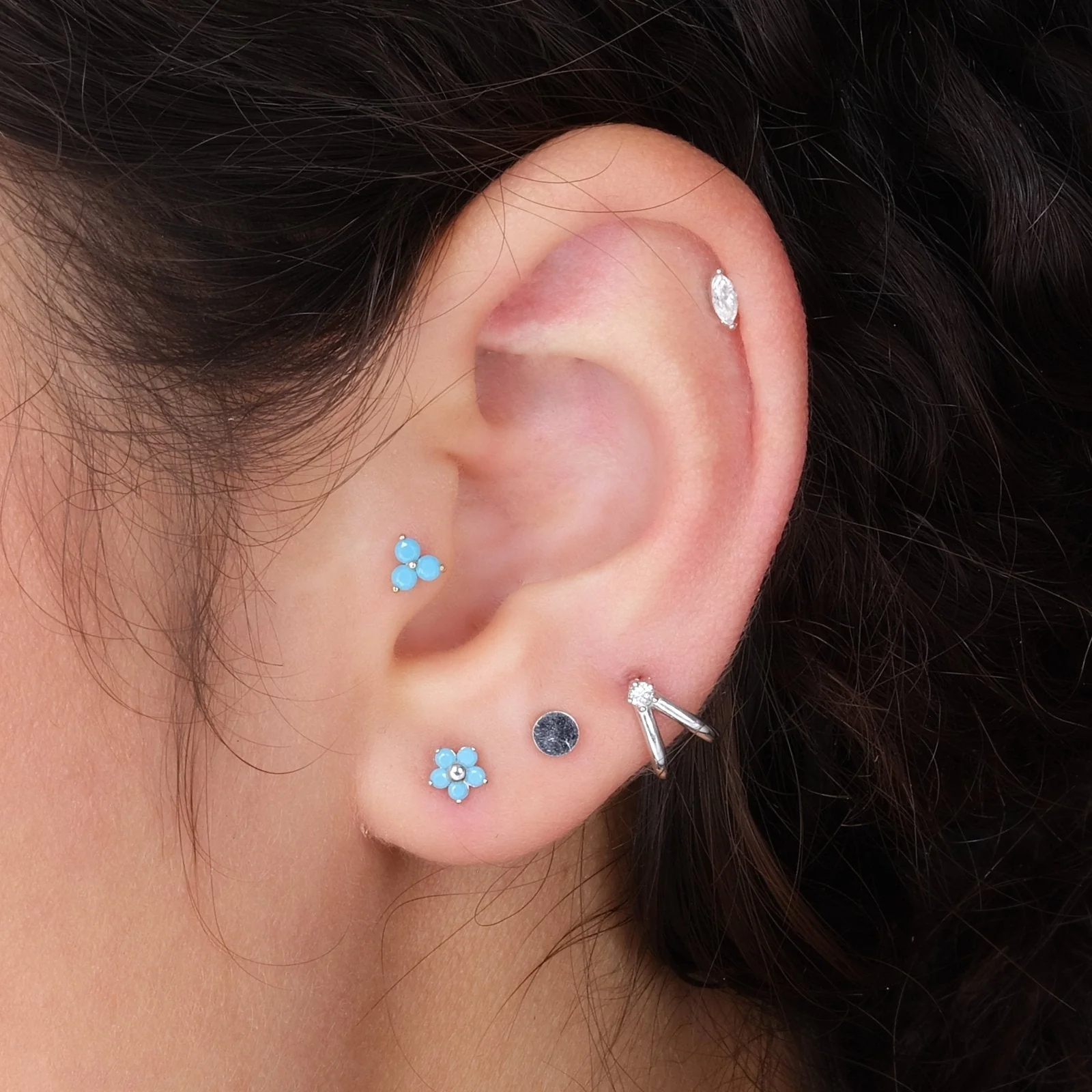Yellow Gold Turquoise Trinity Cluster Flat Back Earring - Image 14