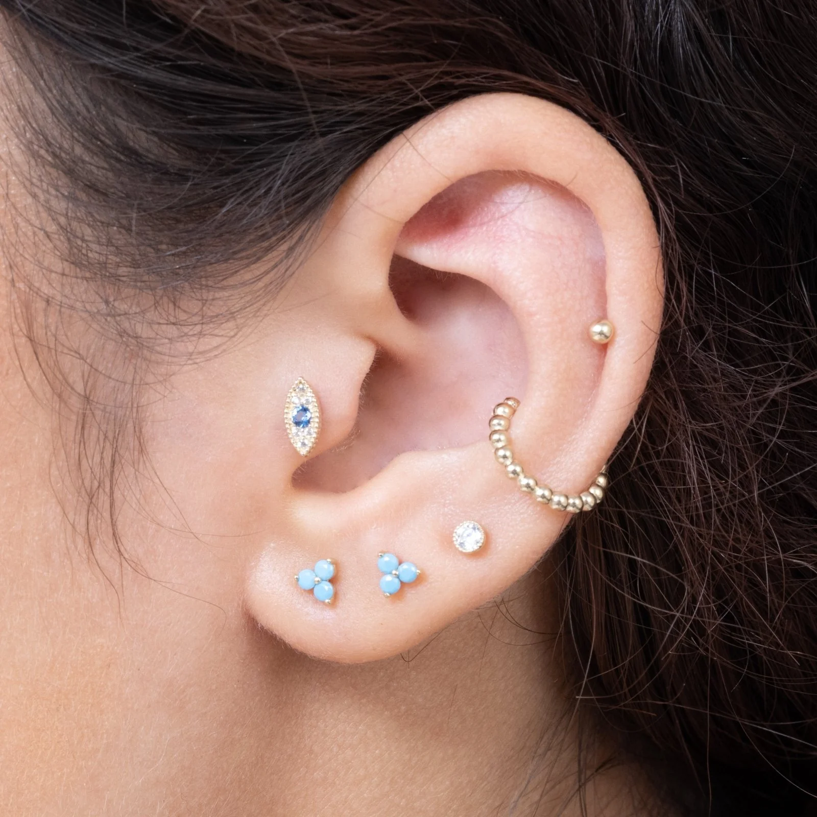 Yellow Gold Turquoise Trinity Cluster Stud - Image 10