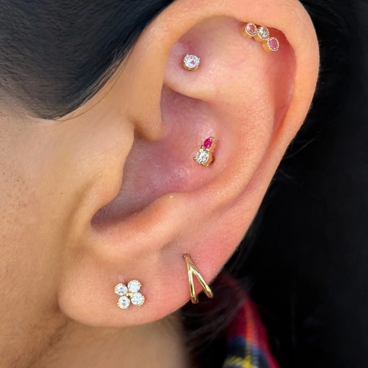 Yellow Gold Diamond Four Petal Flower Flat Back Earring - Image 10