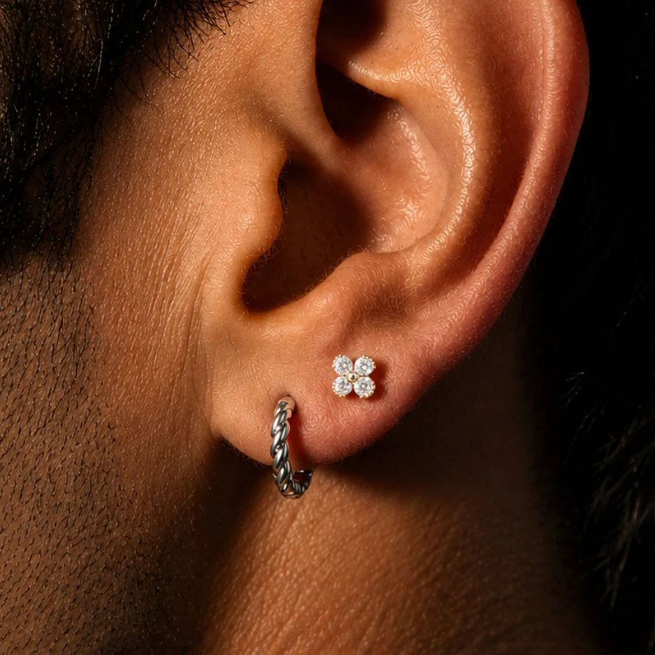 Yellow Gold Diamond Four Petal Flower Flat Back Earring - Image 6