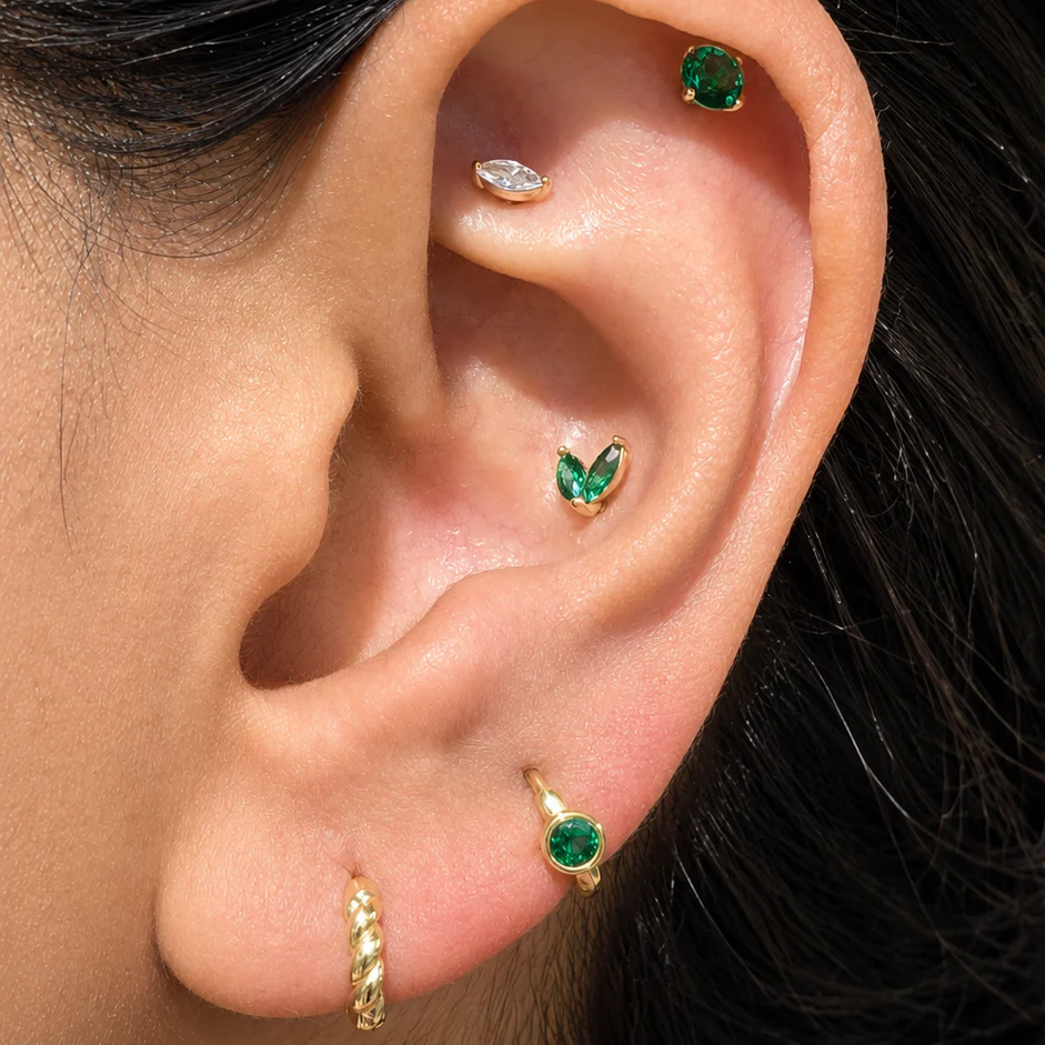 Yellow Gold Emerald Double Marquise Flat Back Earring - Image 2