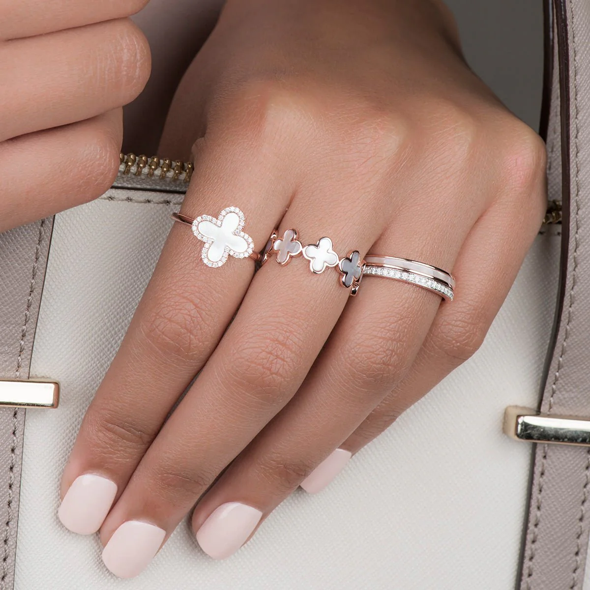 Mother of Pearl and Diamond Double Eternity Band in Solid 14k Rose Gold - Image 2