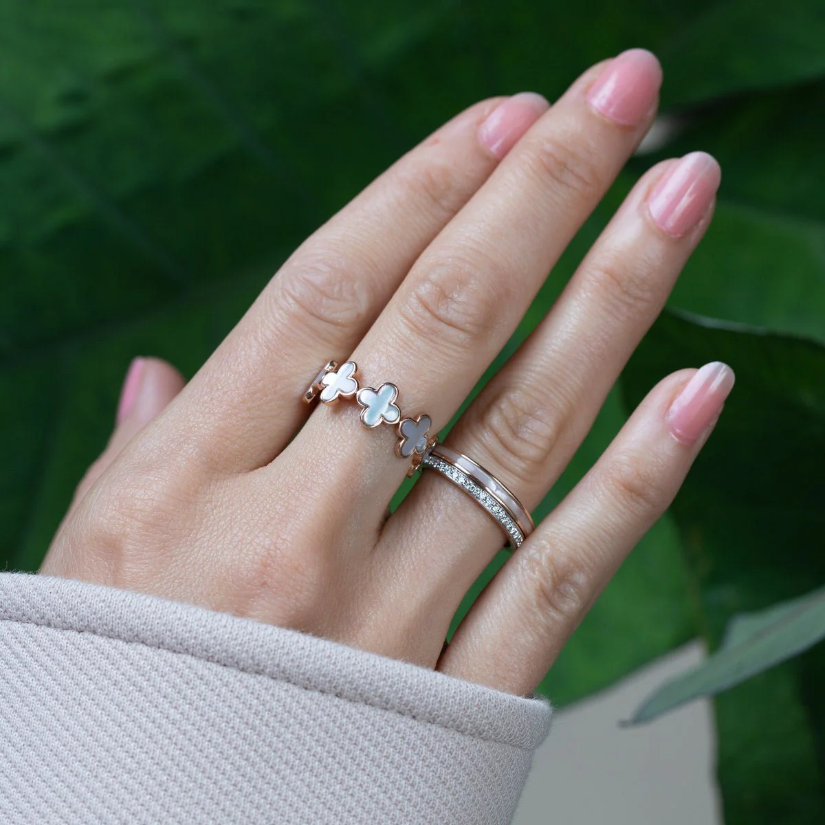 Mother of Pearl and Diamond Double Eternity Band in Solid 14k Rose Gold - Image 5