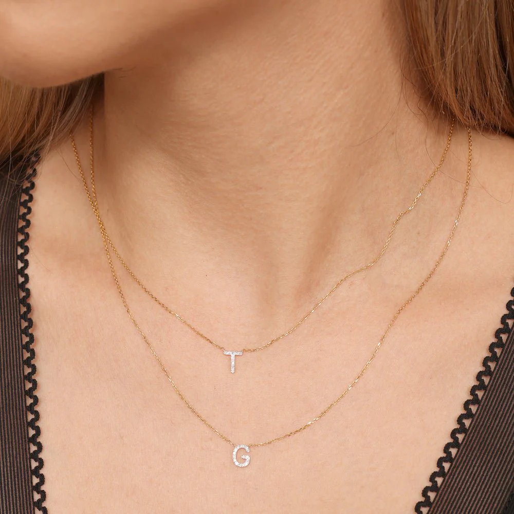 Yellow Gold Diamond Initial Charm Necklace - Image 12