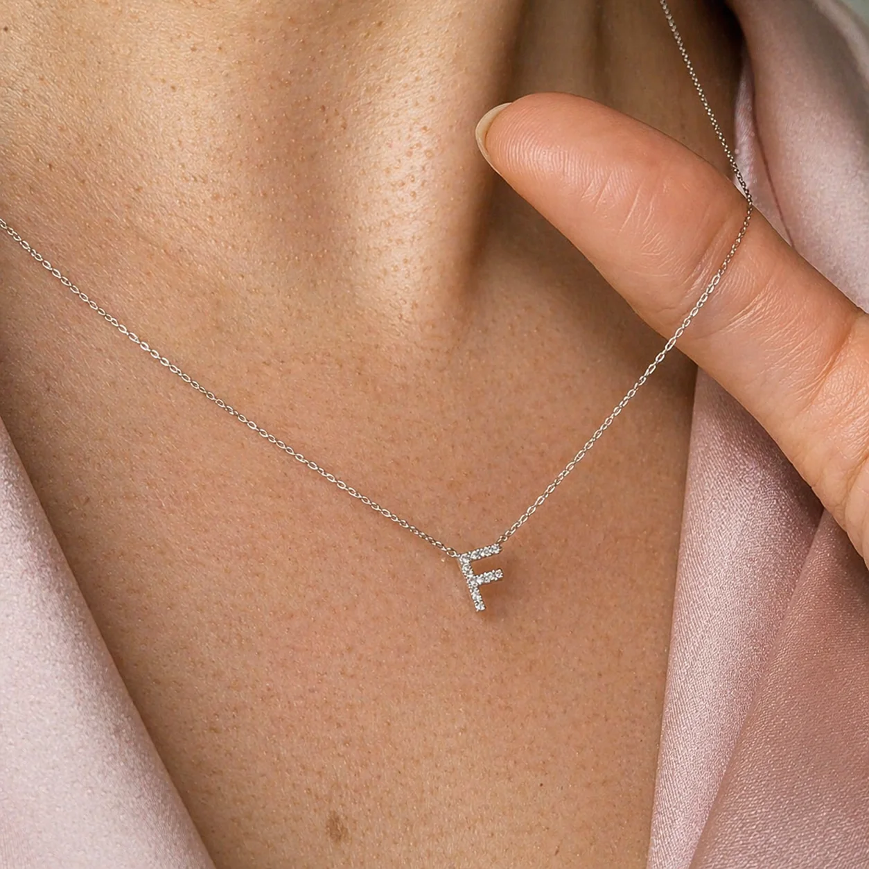 White Gold Diamond Initial Charm Necklace - Image 34