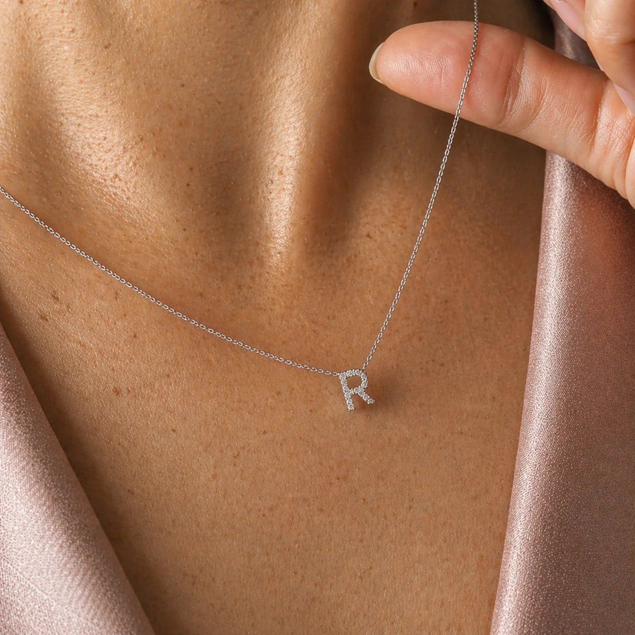 White Gold Diamond Initial Charm Necklace - Image 44