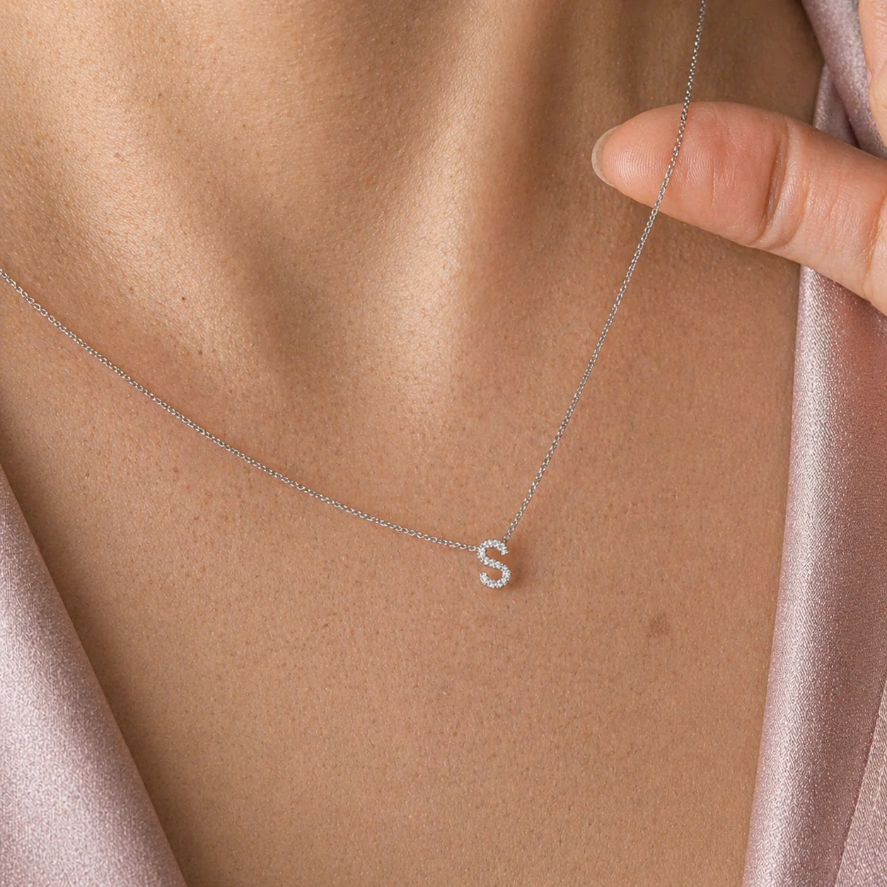 White Gold Diamond Initial Charm Necklace - Image 48
