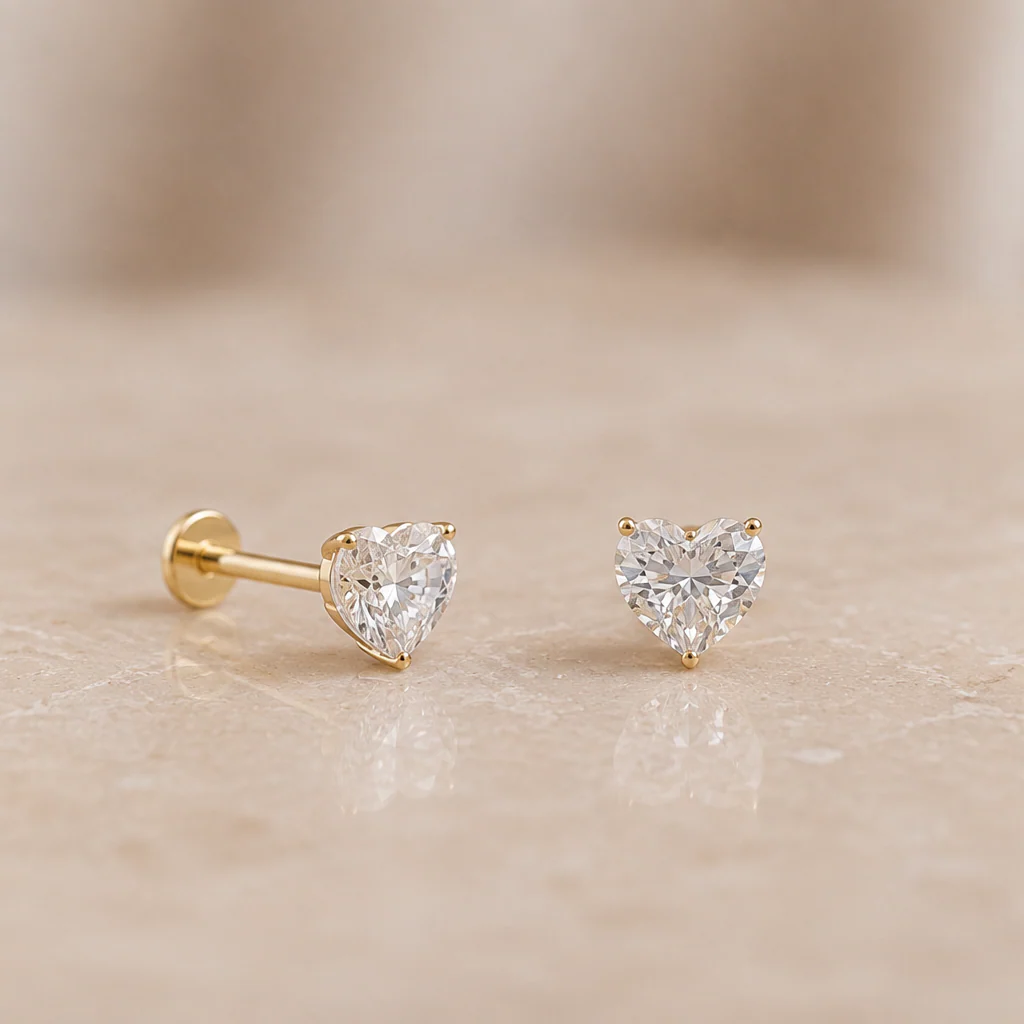 Yellow Gold Heart Flat Back Stone Stud Earring - Image 2