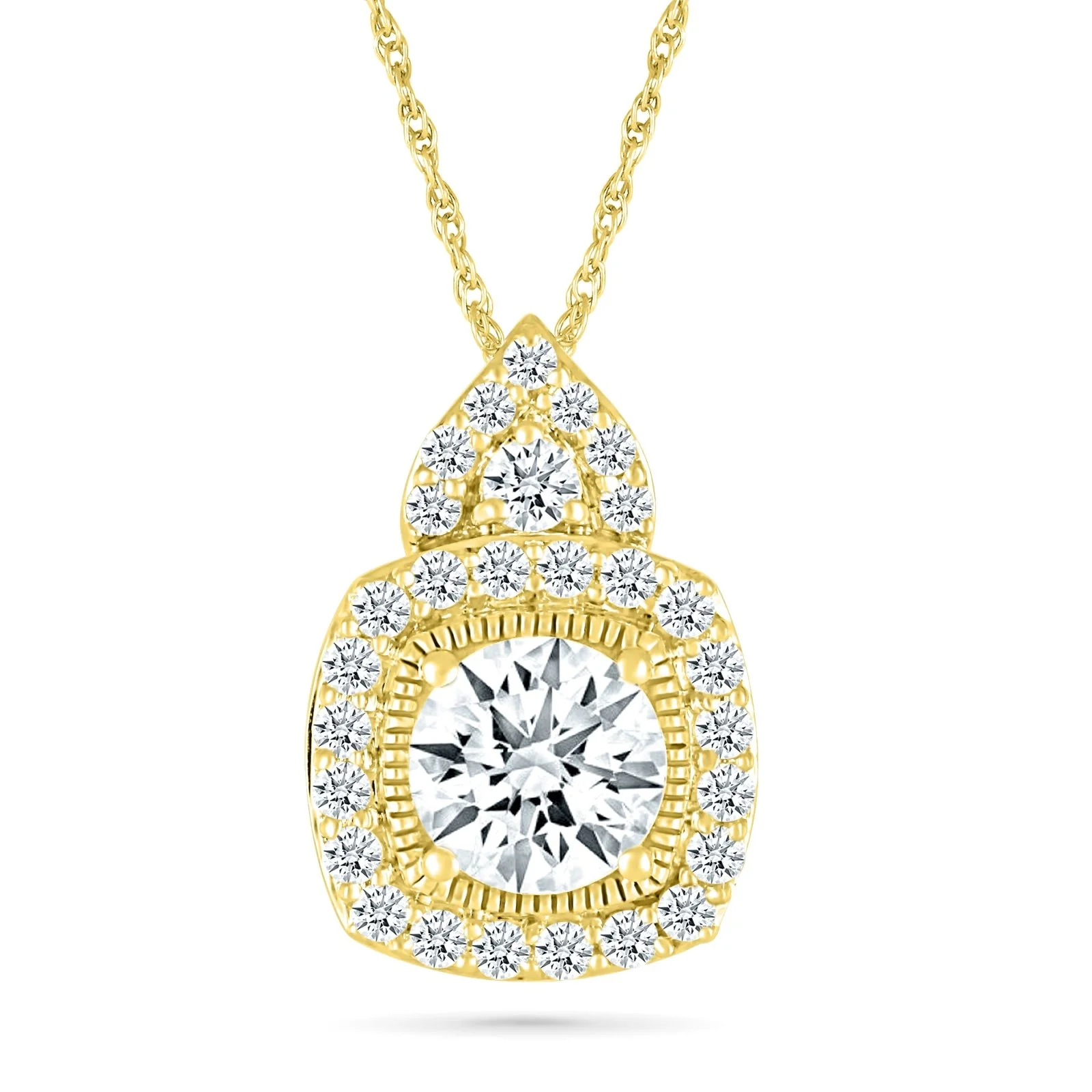 Yellow Gold White Sapphire Halo Pendant Necklace